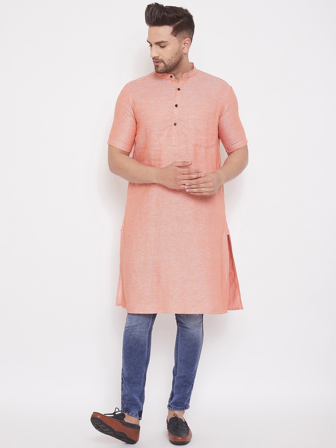 

even Men Orange Woven Design Straight Kurta