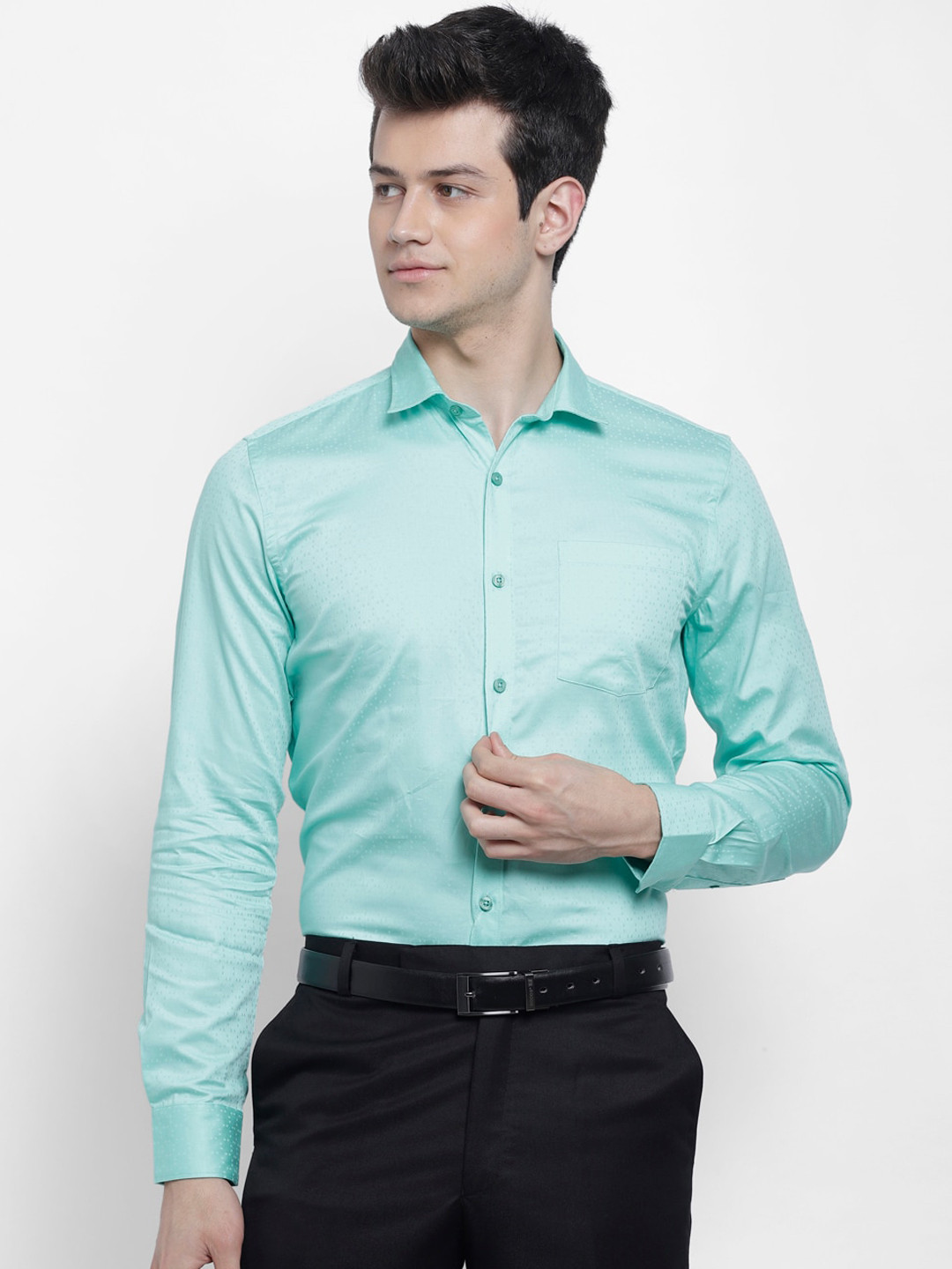 

cape canary Men Turquoise Blue Regular Fit Solid Formal Shirt