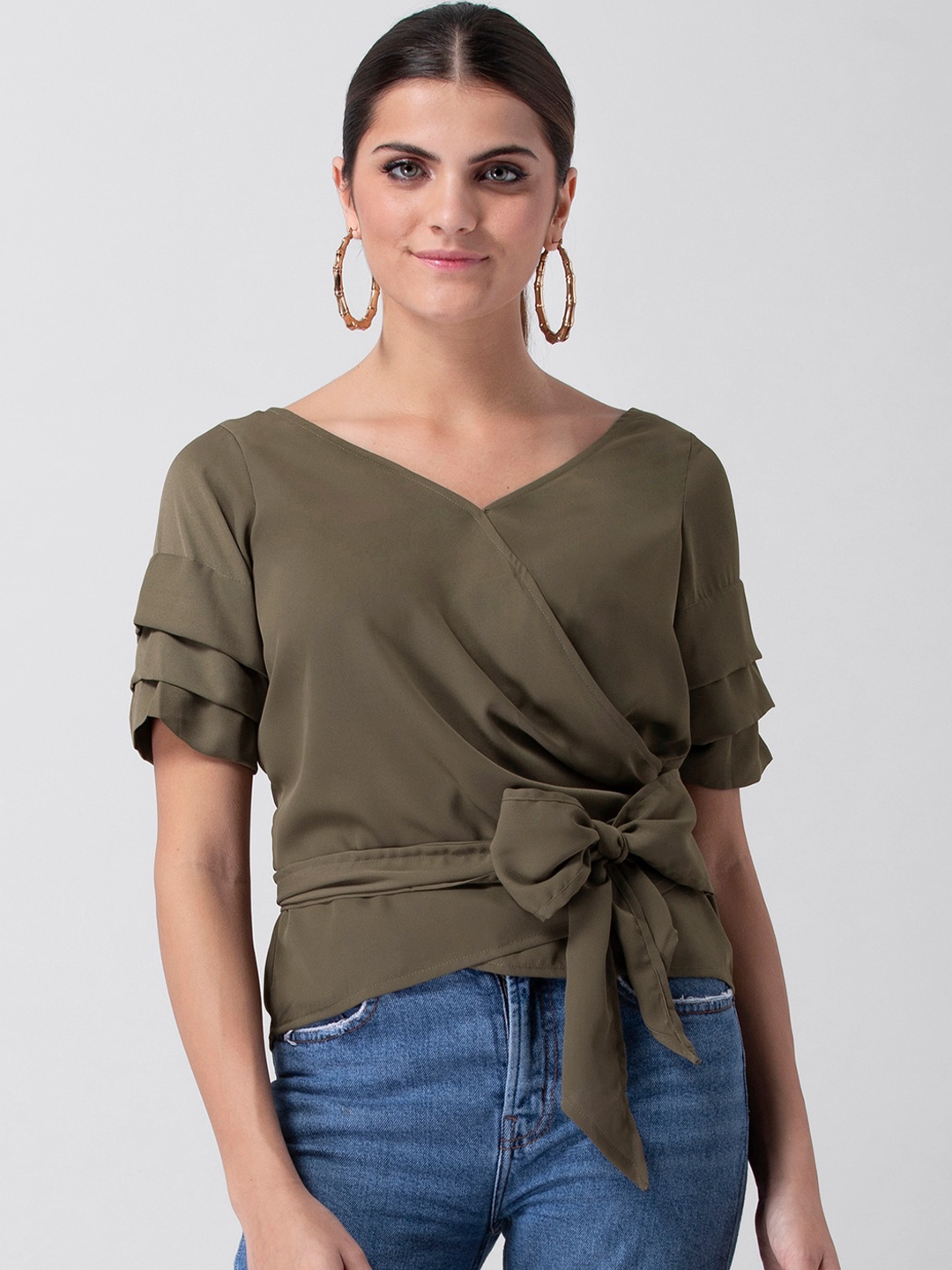 FabAlley Women Olive Green Solid Wrap Top