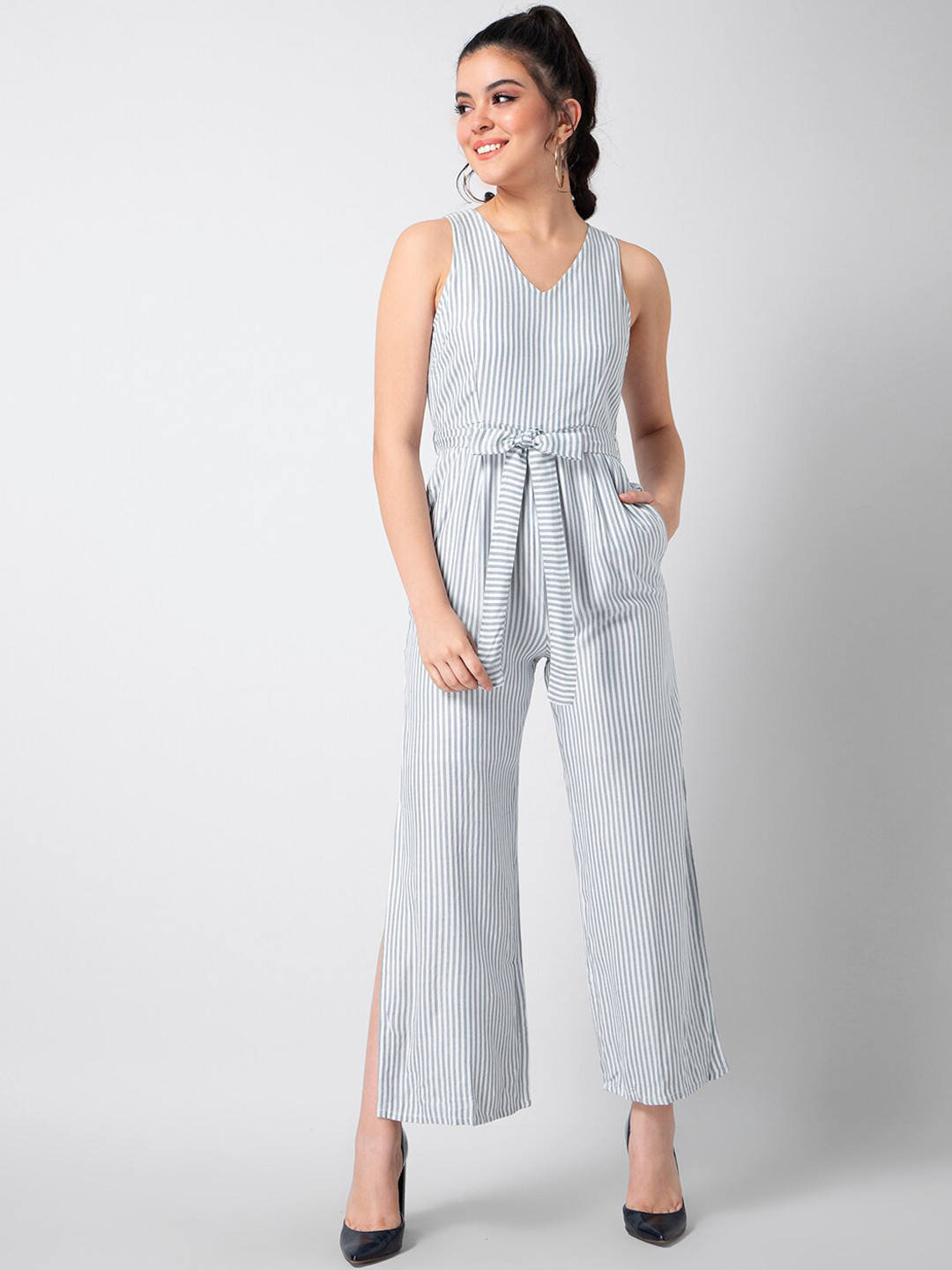 

FabAlley Women White & Grey Striped Basic Jumpsuit