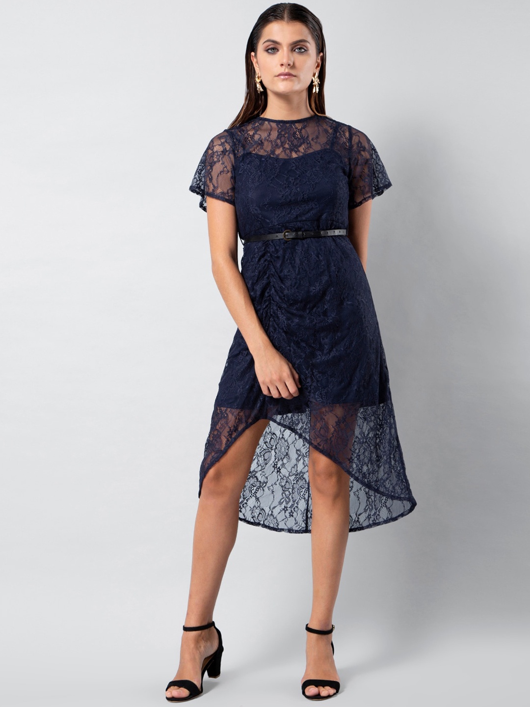 FabAlley Women Blue Self Design Fit and Flare Dress