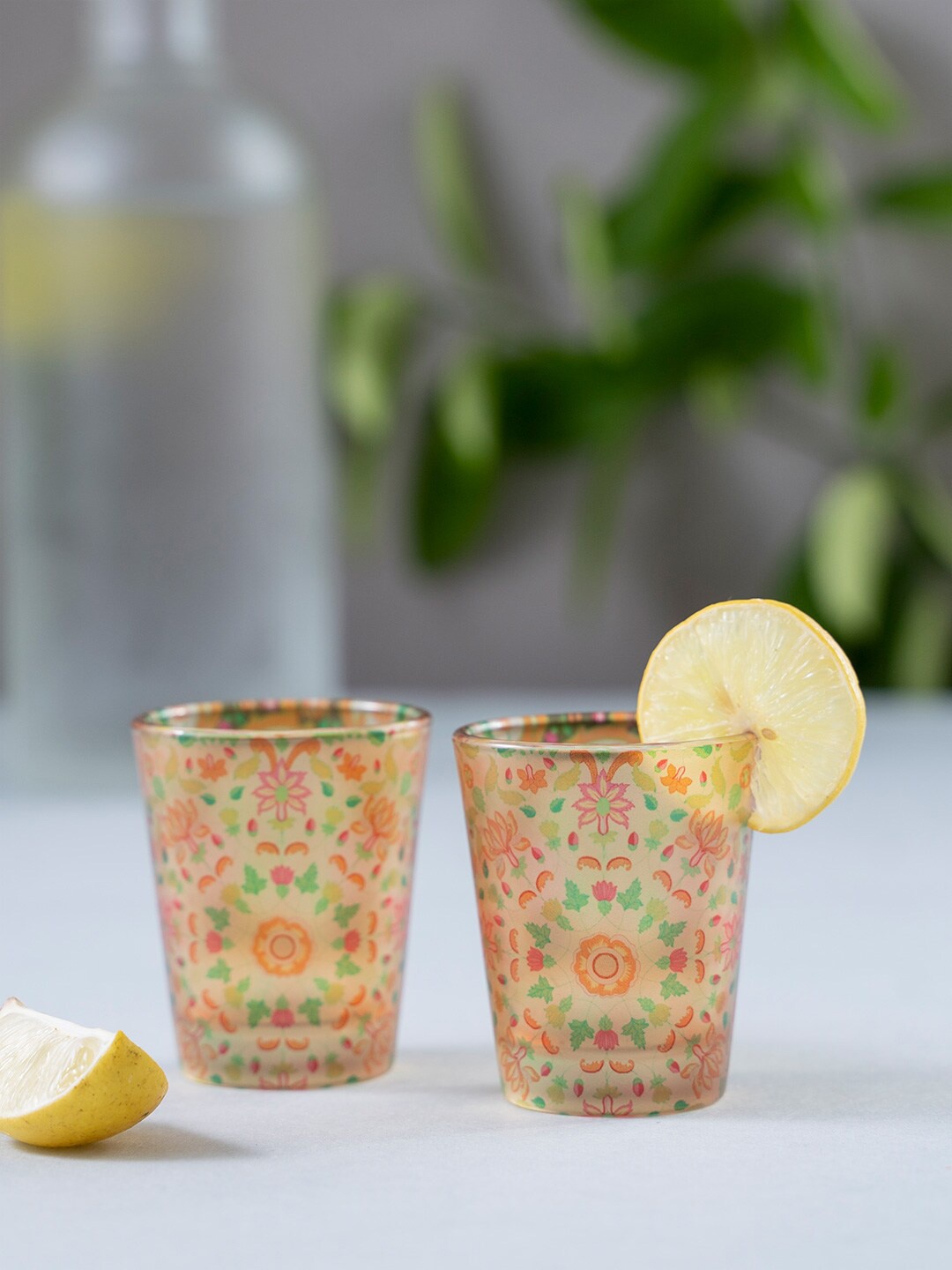 KOLOROBIA Set of 2 Peach-Coloured & Orange Mughal Blooms Shot Glasses 30 ml