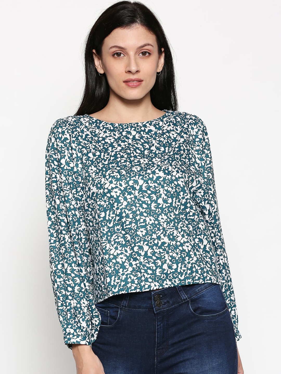 

People Women Green & White Printed Top