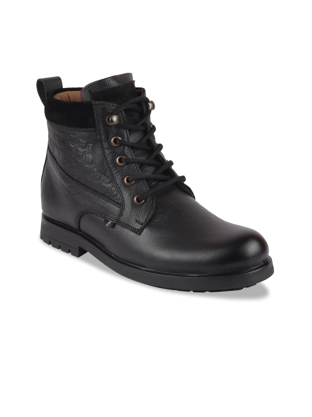 

FAUSTO Men Black Solid Leather Mid-Top Flat Boots