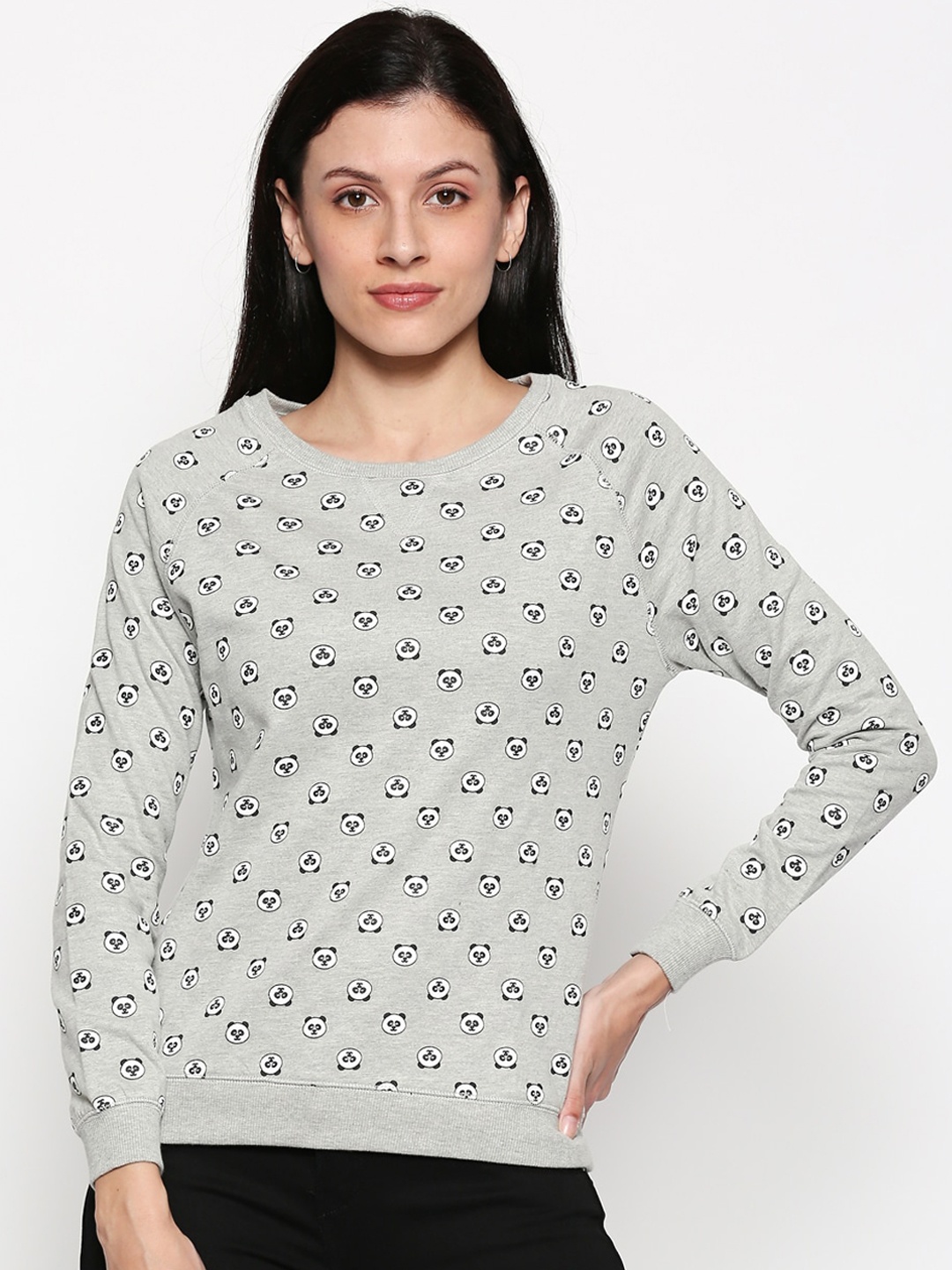 

People Women Grey Printed Cotton Sweatshirt