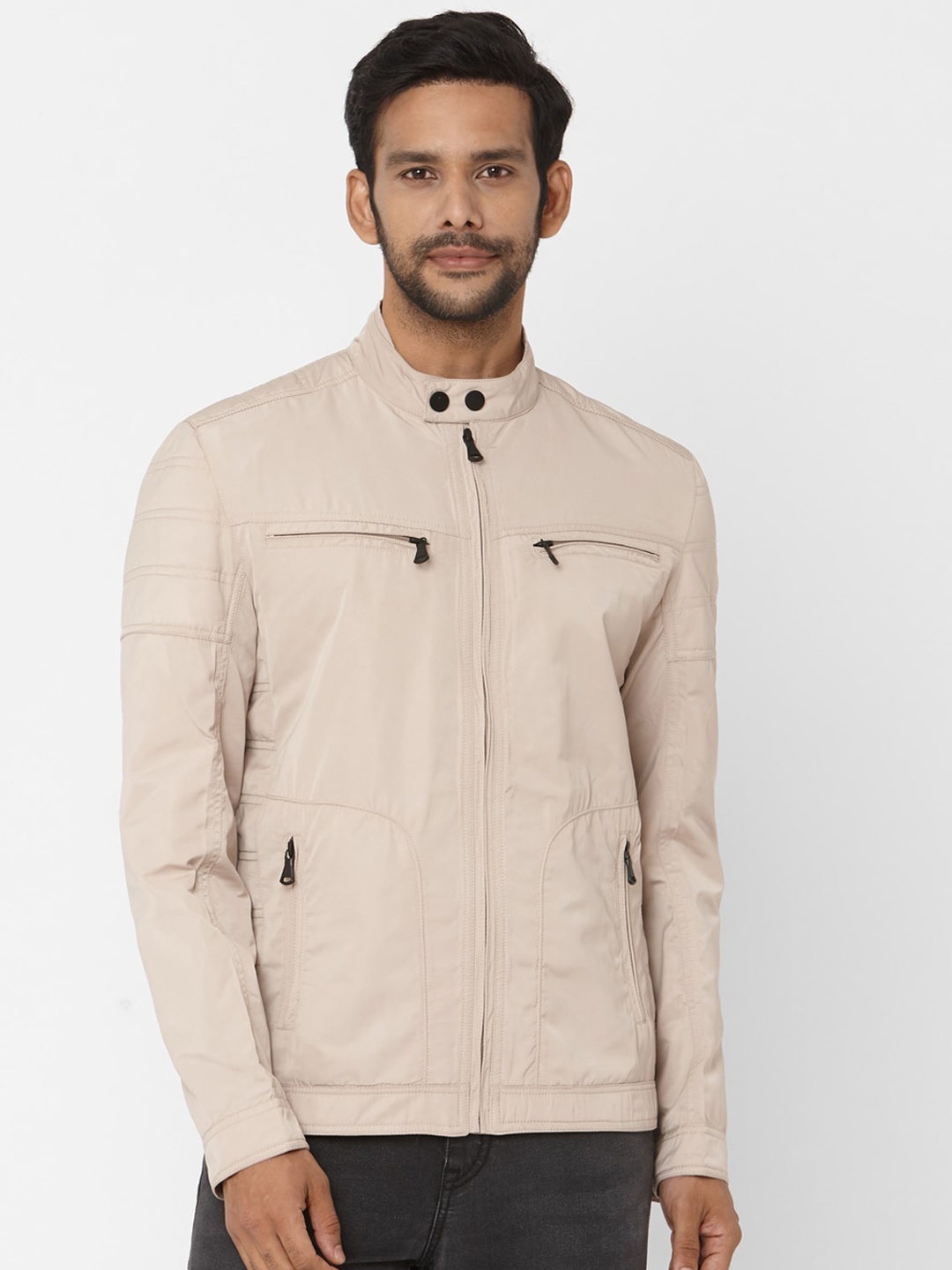 

Mufti Men Beige Solid Biker Jacket