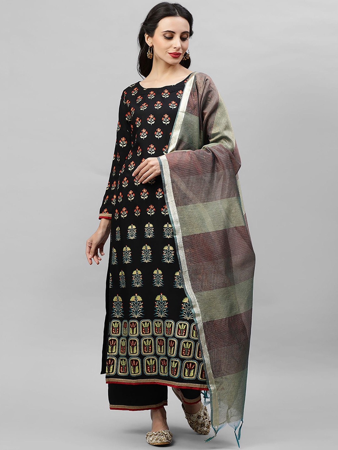 Indo Era Women Black & Grey Printed Kurta with Palazzos & Dupatta