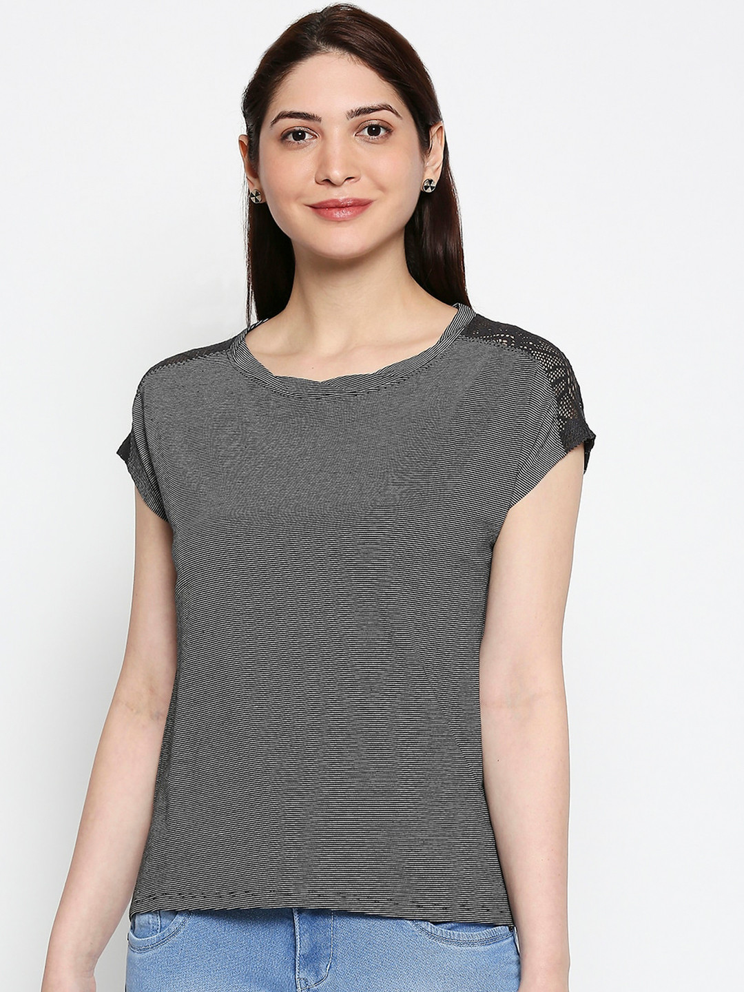 

People Women Grey Striped Pure Cotton Top