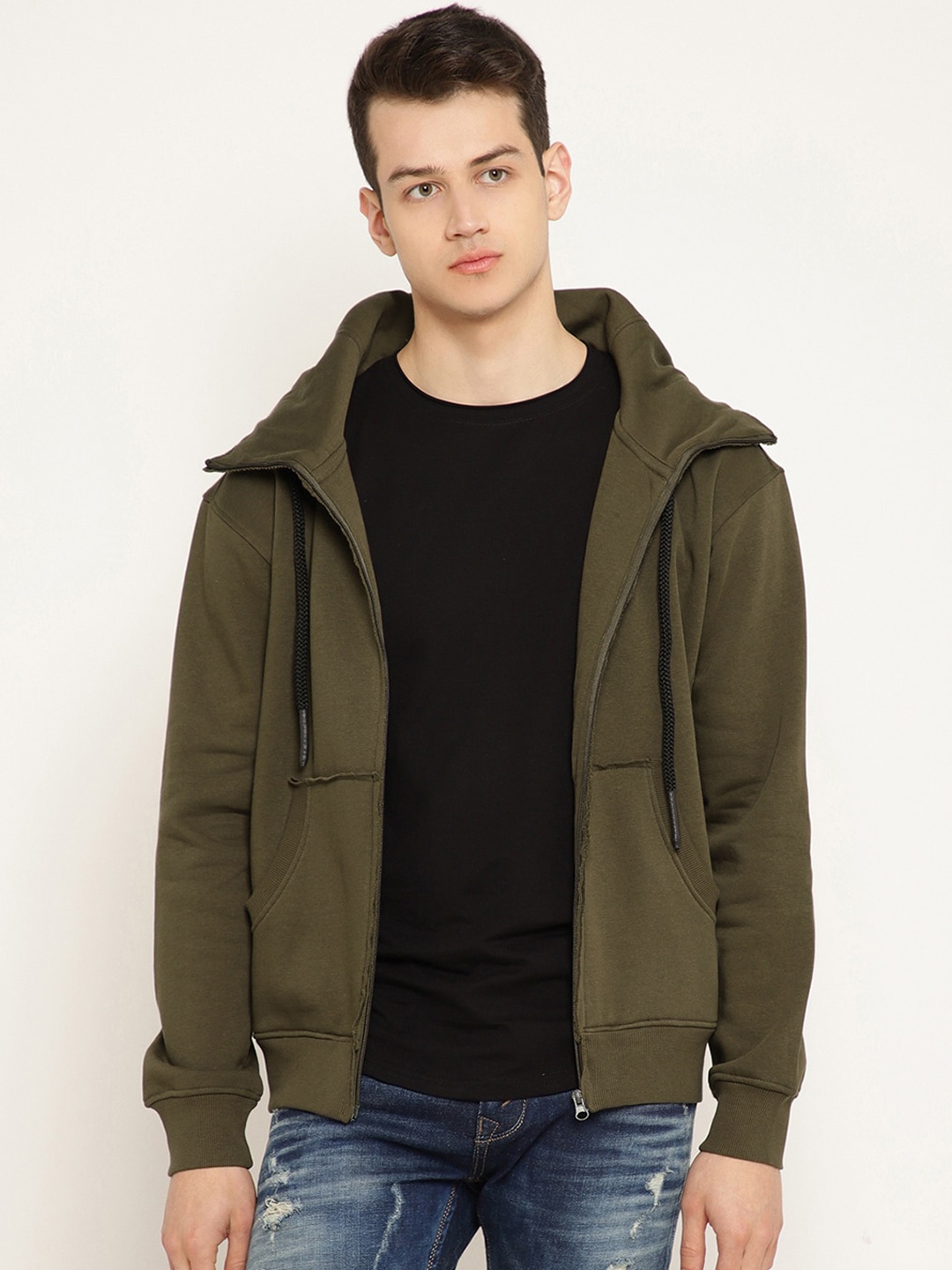 

PUNK Men Olive Green Solid Hooded Sweatshirt