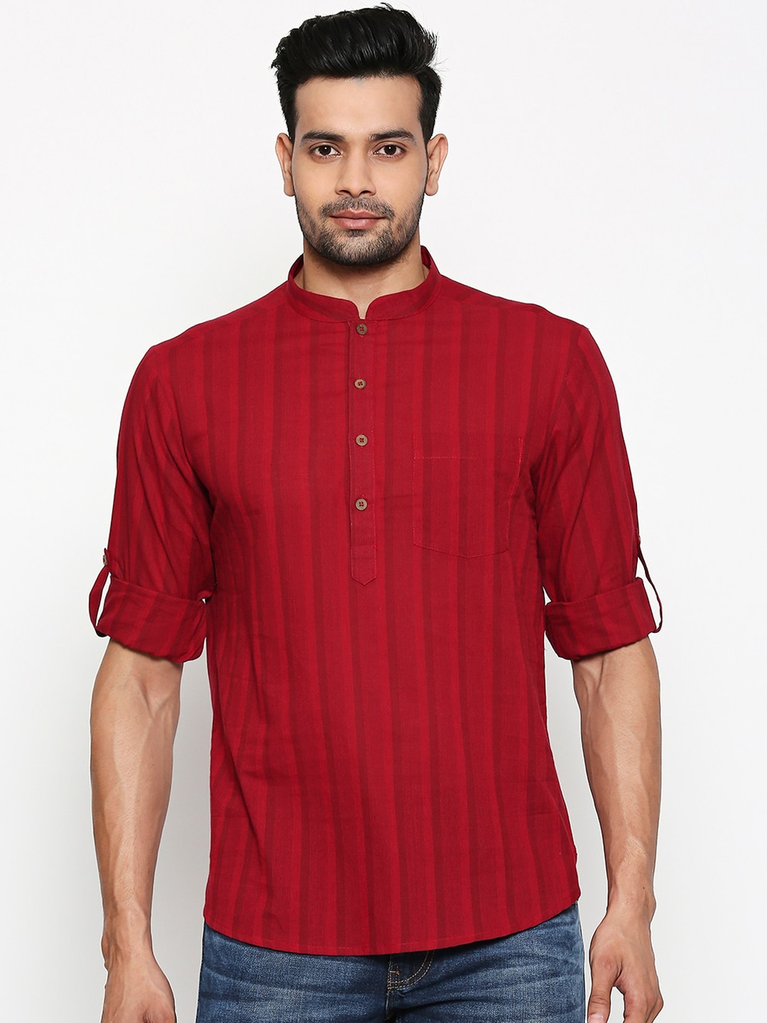 

indus route by Pantaloons Men Red Striped Straight Kurta