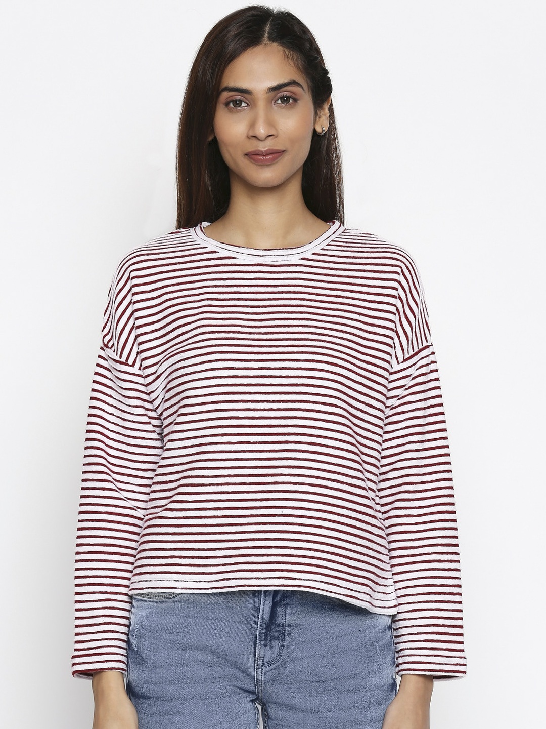 

People Women Red & White Striped Cotton Sweatshirt