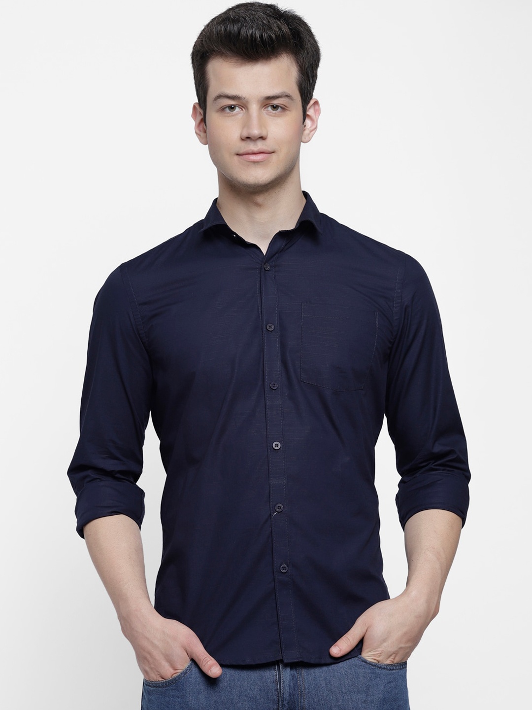 

cape canary Men Navy Blue Regular Fit Solid Casual Shirt