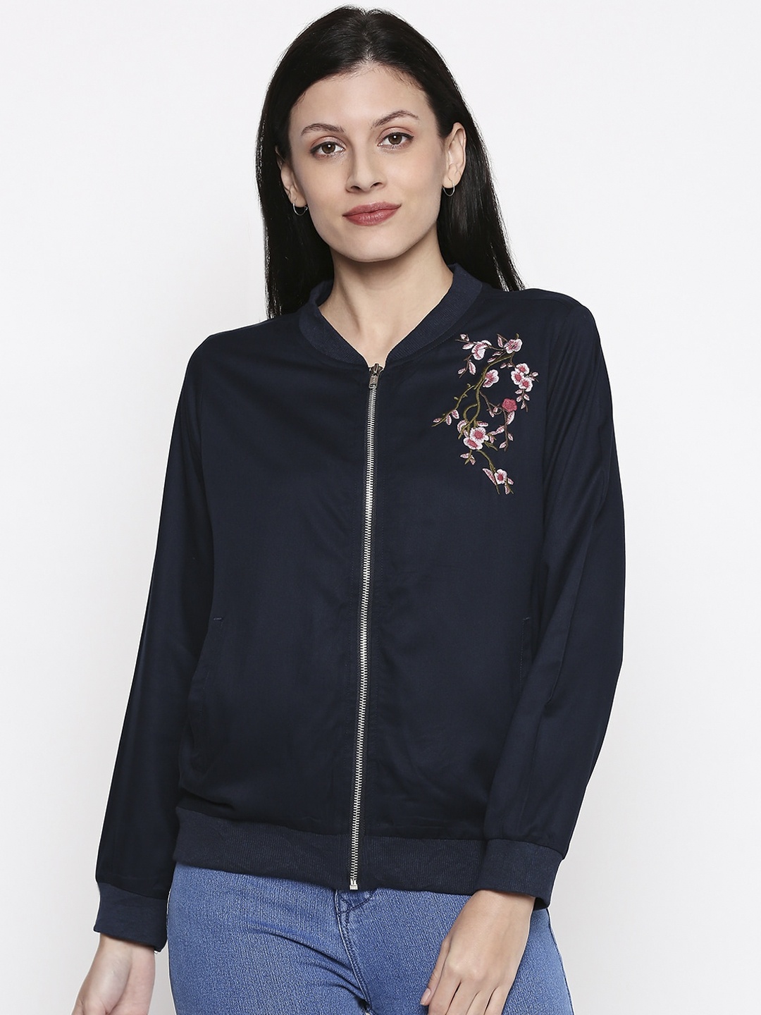 

People Women Navy Blue Self Design Bomber