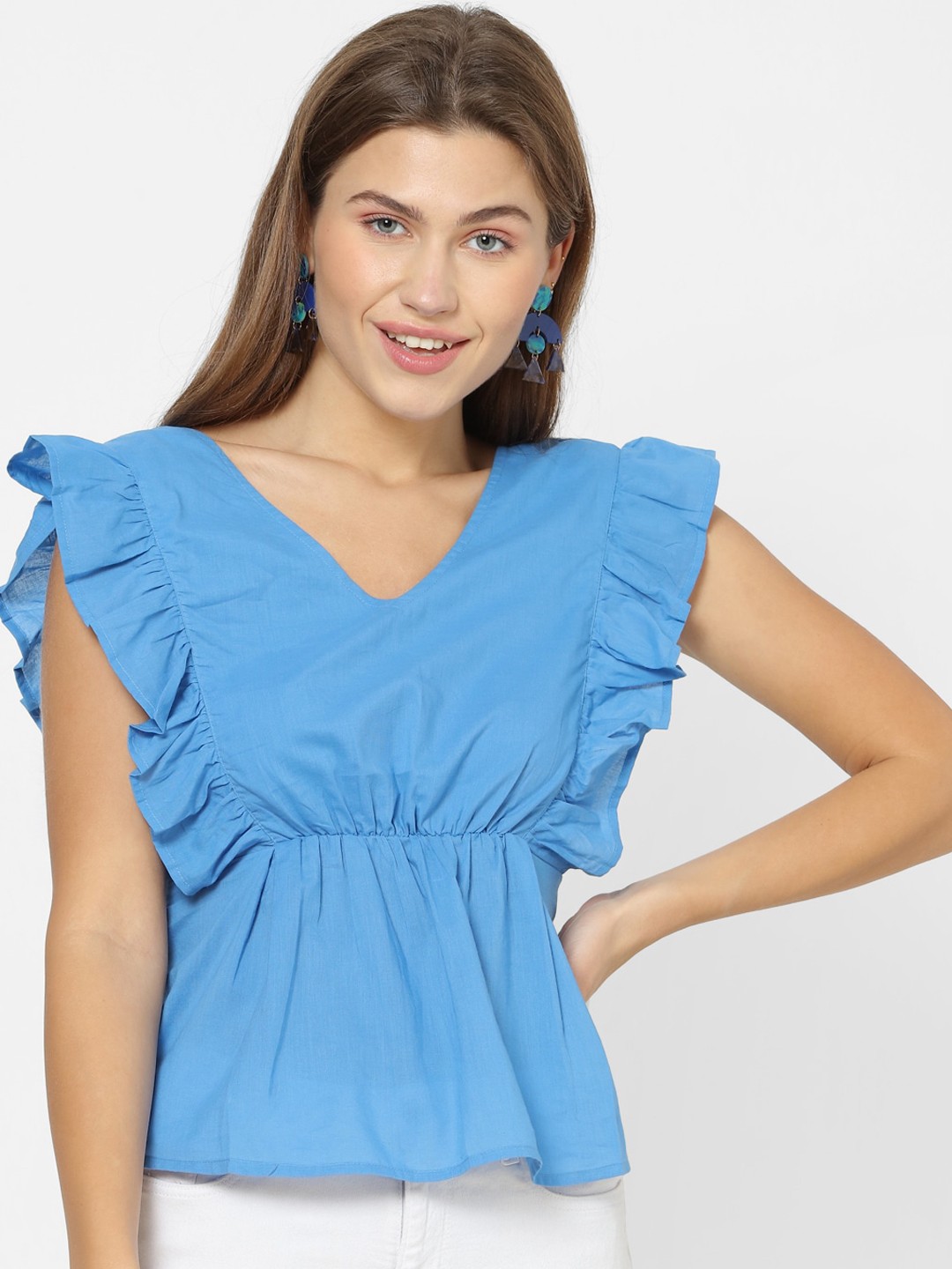

FOREVER 21 Women Blue Solid Cinched Waist Top