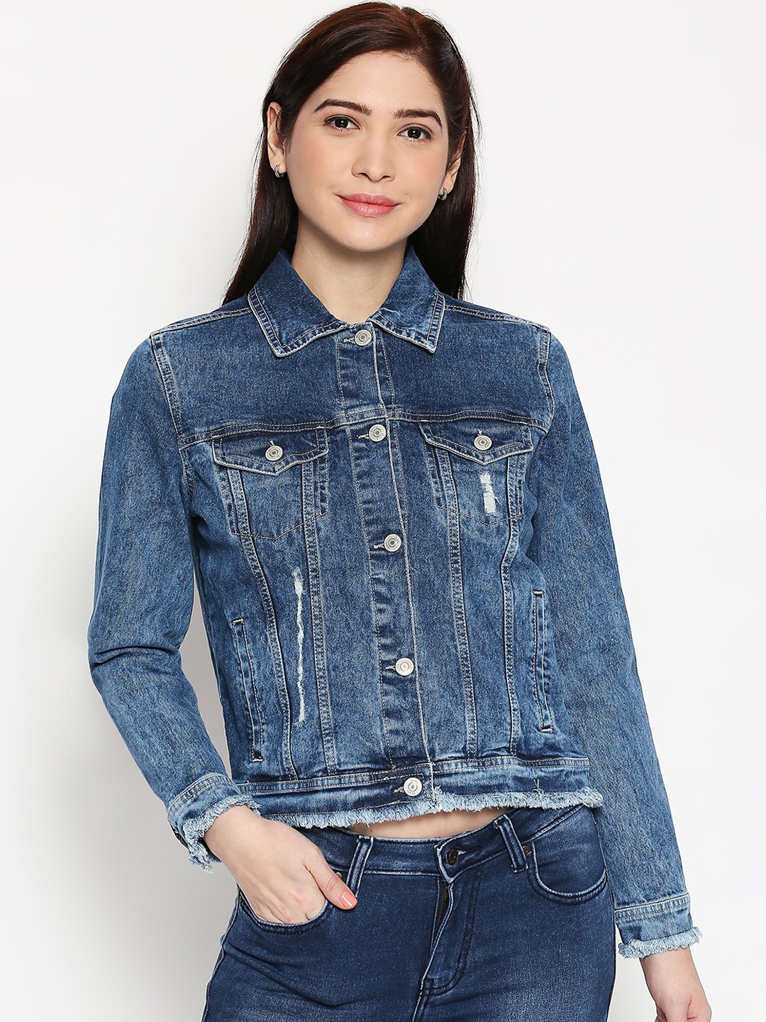 

People Women Blue Solid Crop Denim Jacket