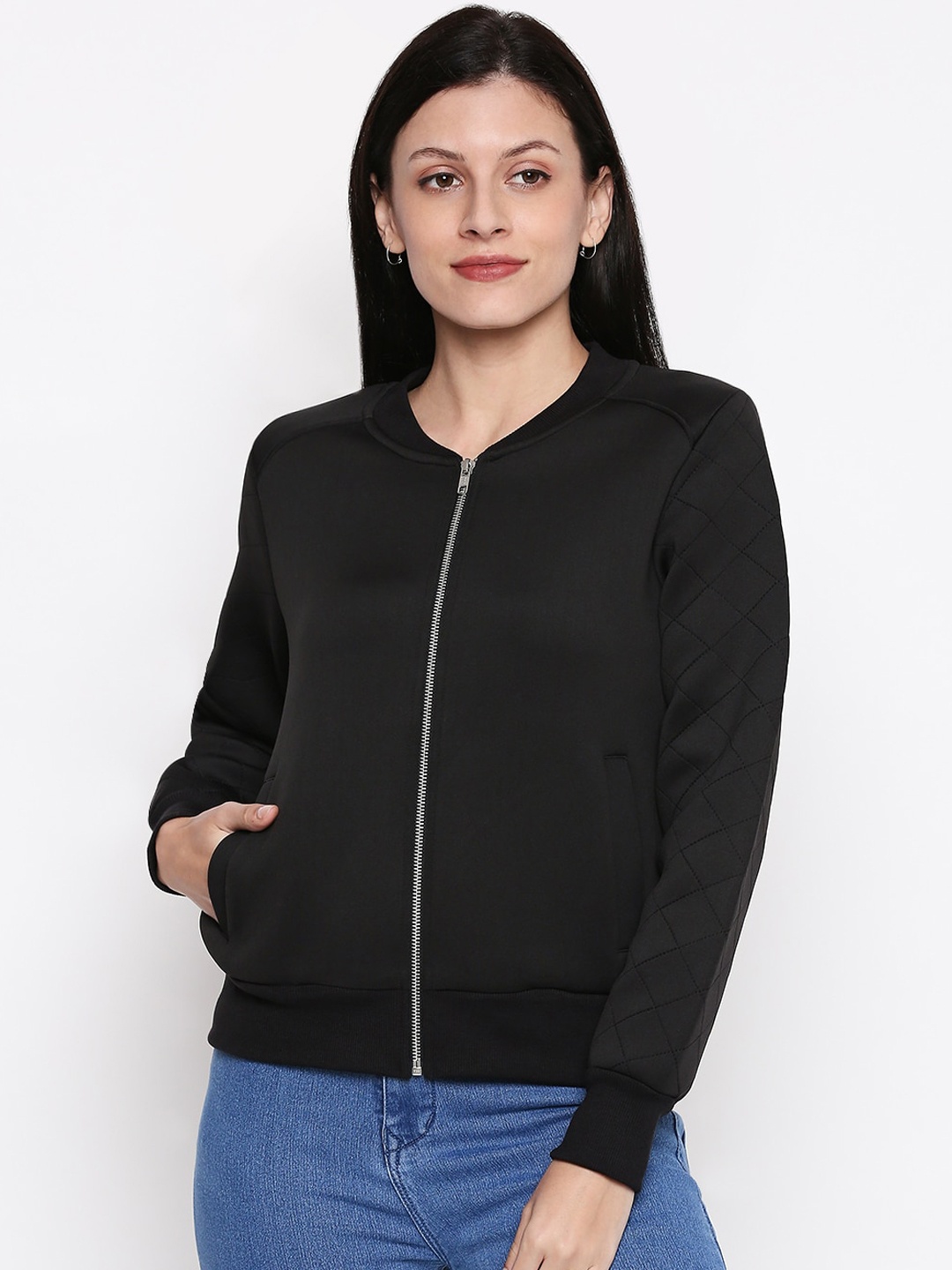 

People Women Black Solid Bomber