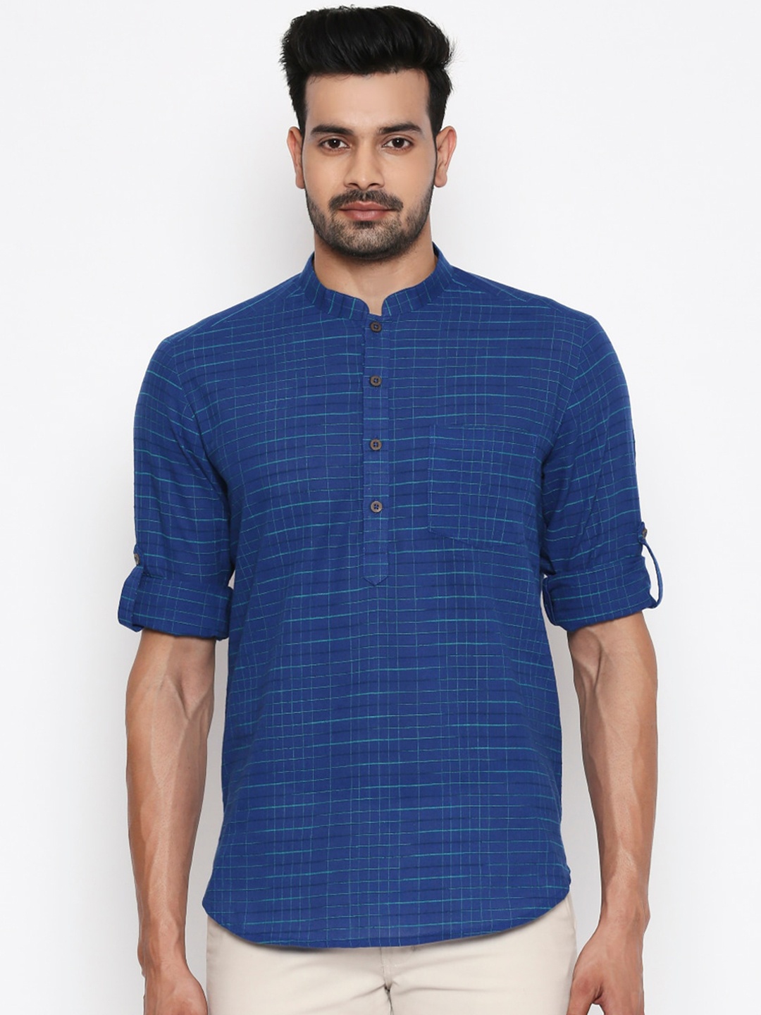 

indus route by Pantaloons Men Blue Checked Straight Kurta