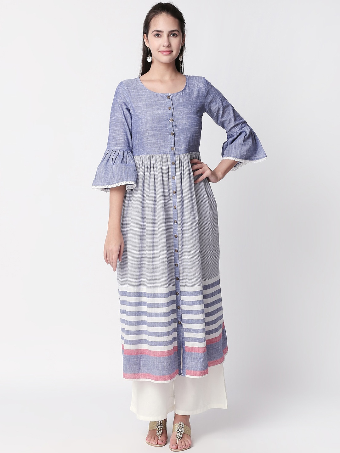 

Ethnicity Women Blue Striped Anarkali Kurta