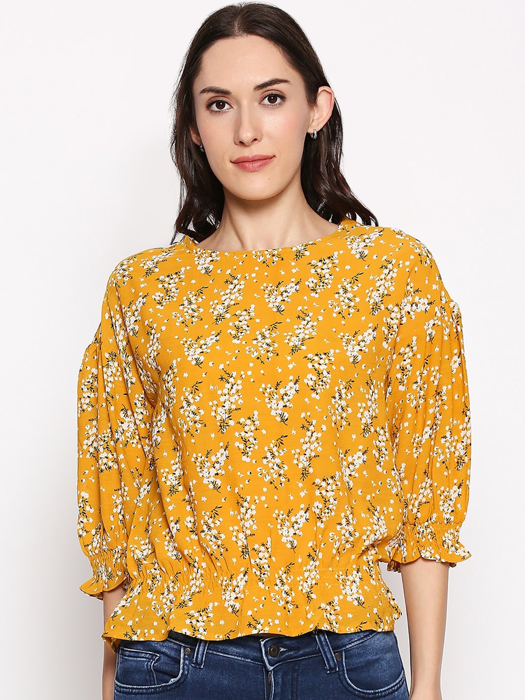 

People Women Yellow Printed Blouson Top