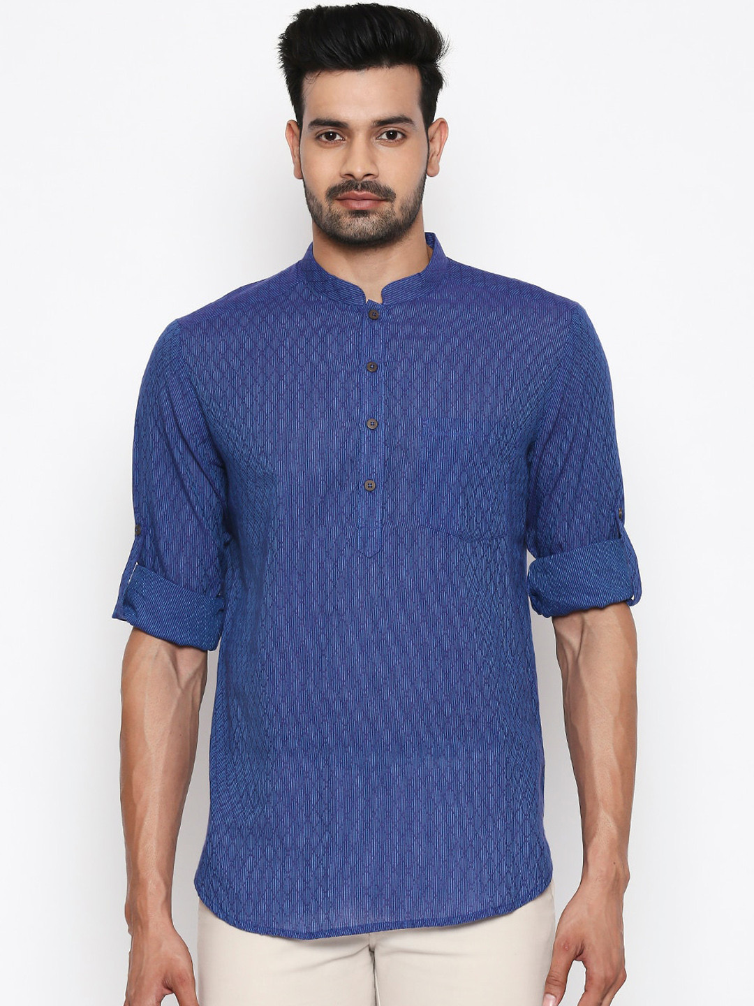 

indus route by Pantaloons Men Blue Woven Design Straight Kurta