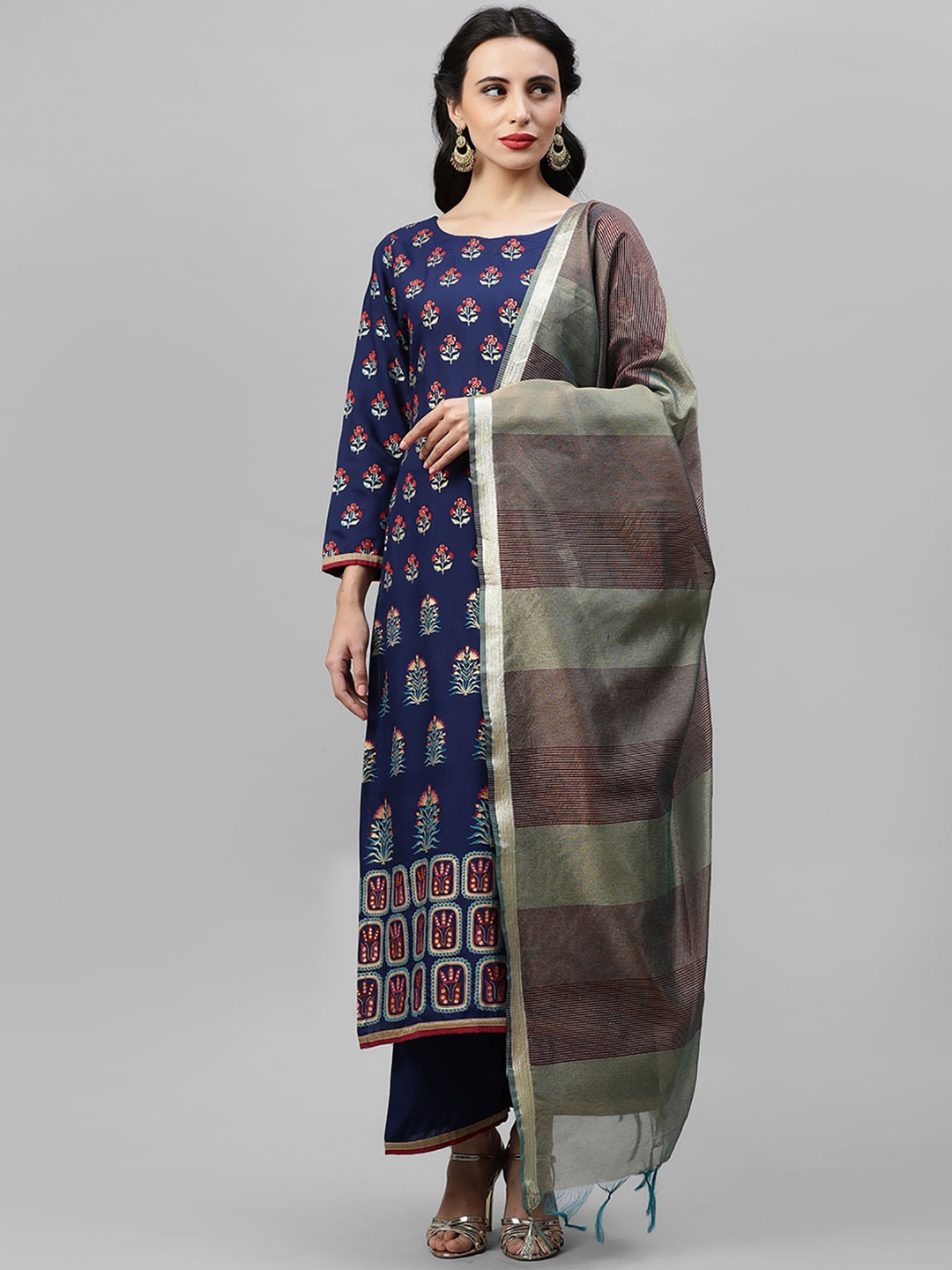 

Indo Era Women Navy Blue & Grey Printed Kurta with Patiala & Dupatta