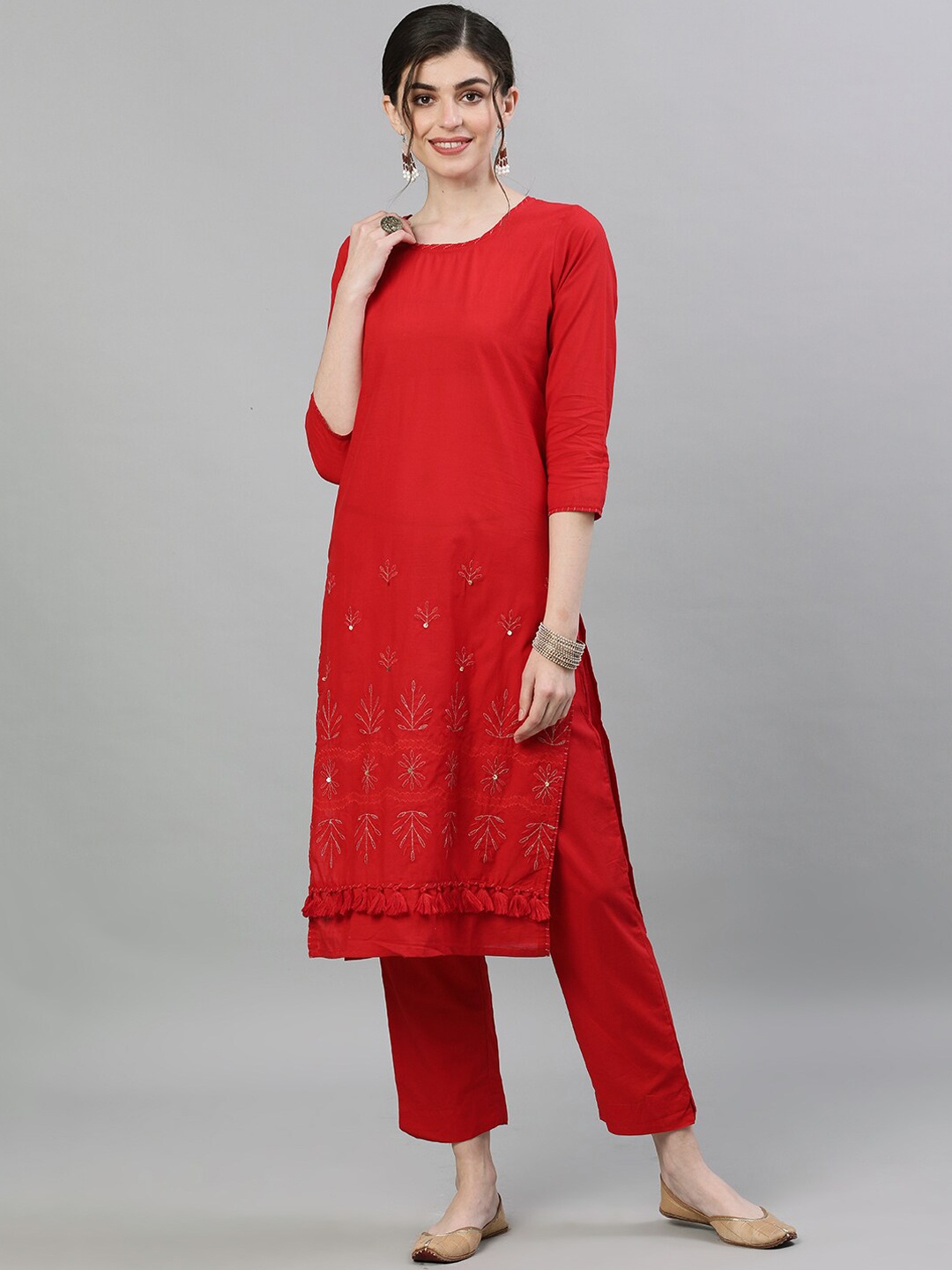 

Ishin Women Red Embroidered Kurta with Trousers