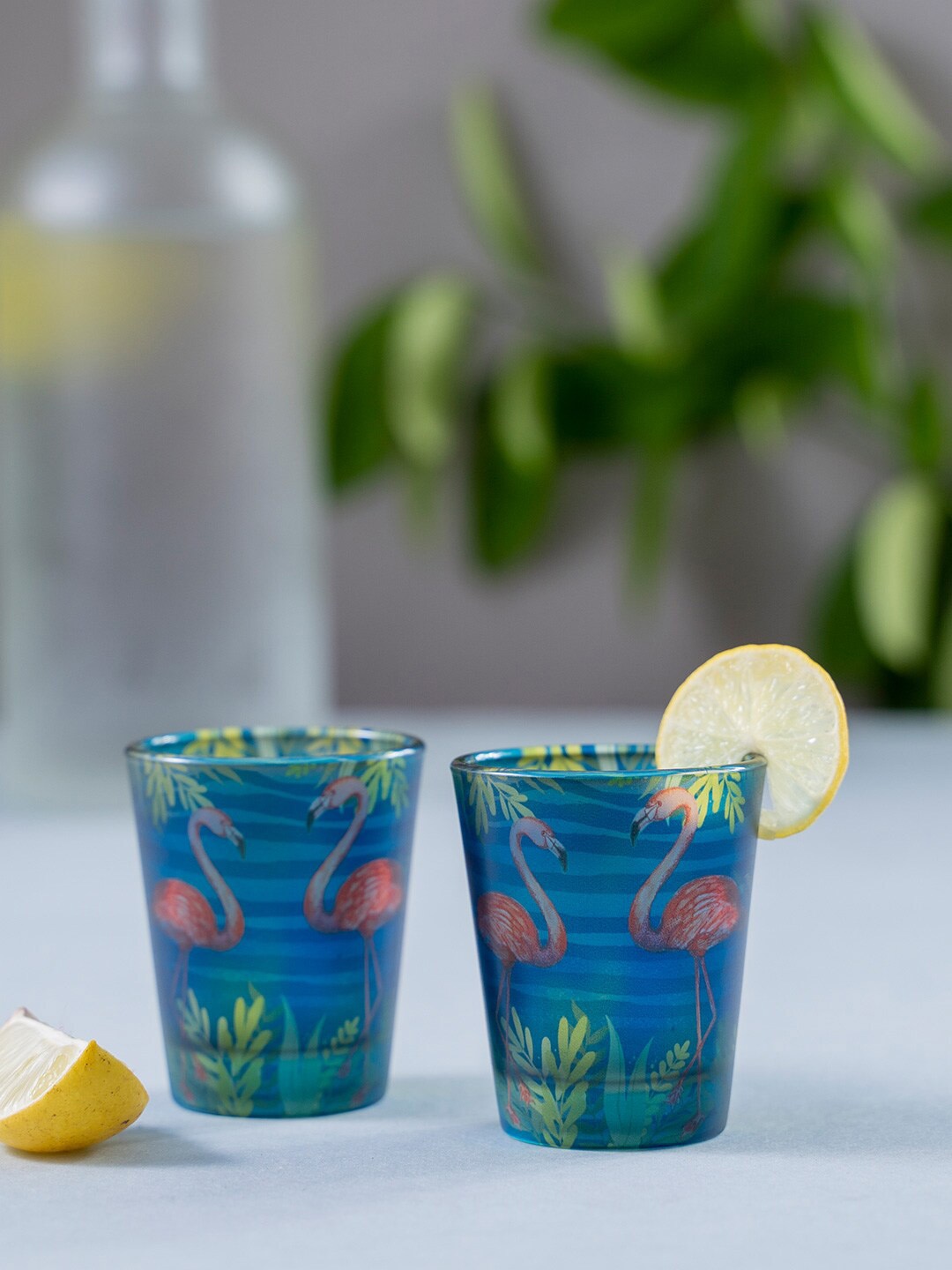 

KOLOROBIA Set Of 2 Blue & Pink Tropical Flamingo Frosted Shot Glasses