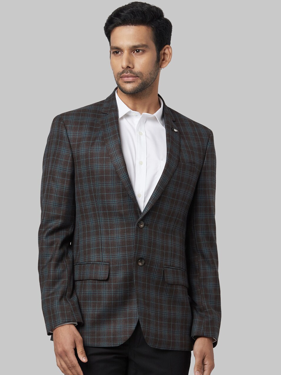 

Park Avenue Men Brown & Teal Blue Checked Single-Breasted Casual Blazer