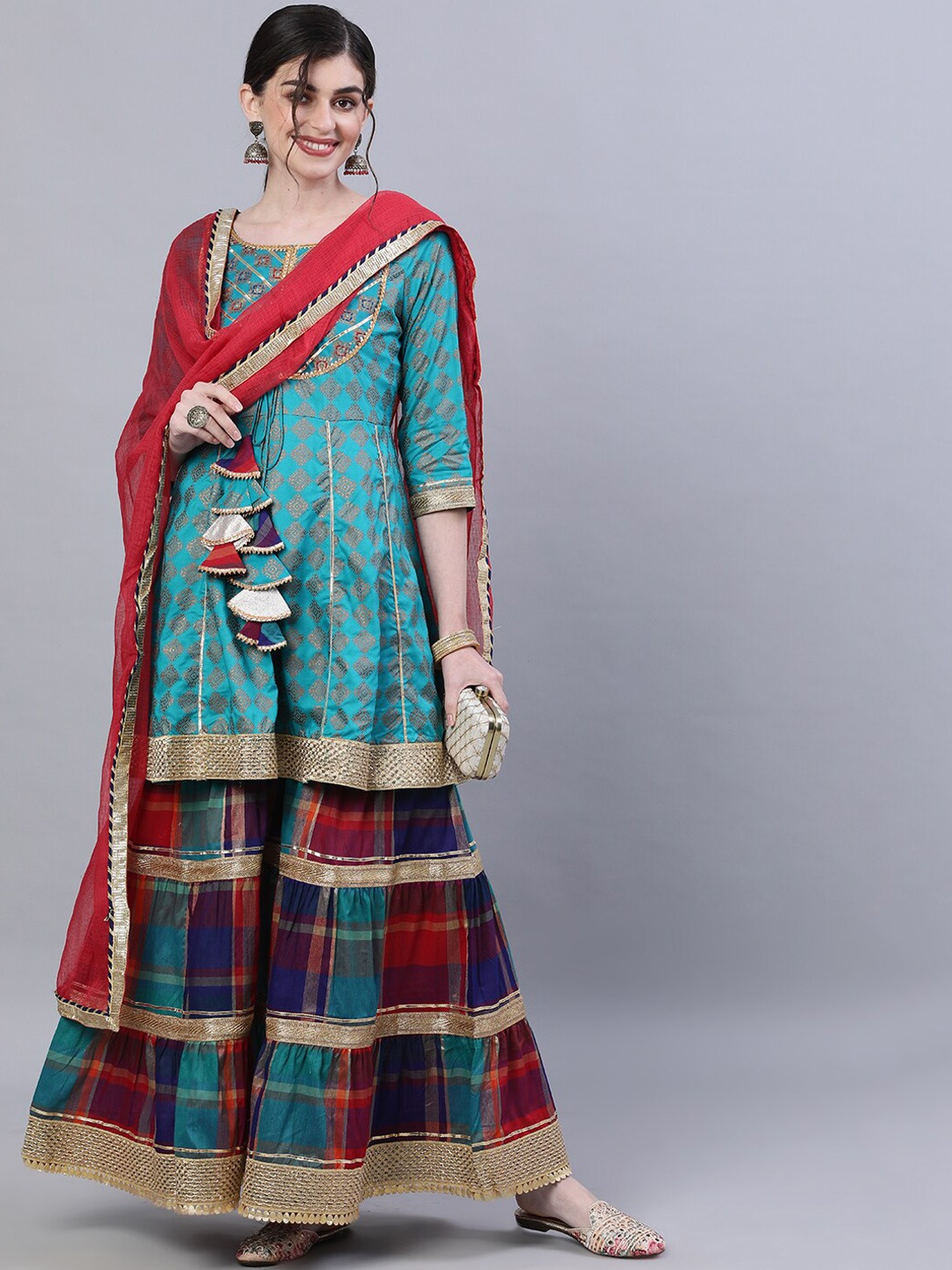 Ishin Women Blue & Red Embroidered Kurta with Sharara & Dupatta