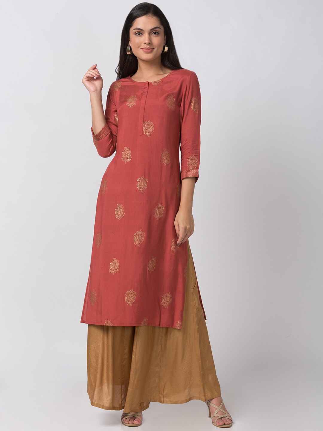 

Ethnicity Women Coral Pink Printed A-Line Kurta