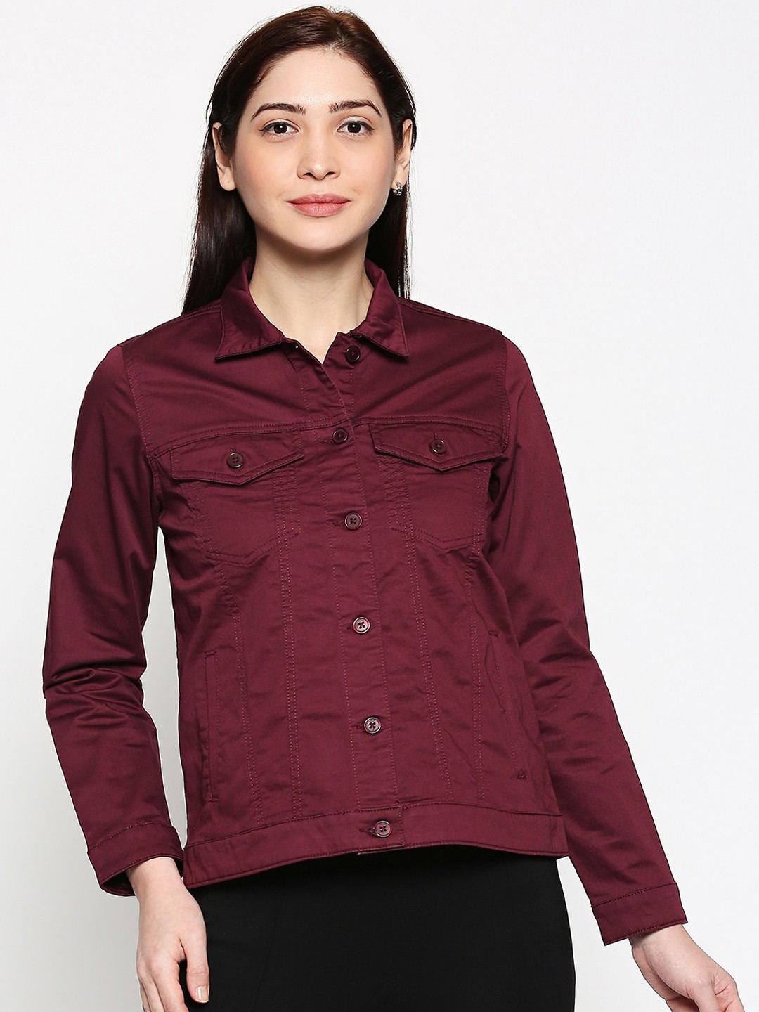 

People Women Maroon Solid Tailored Jacket