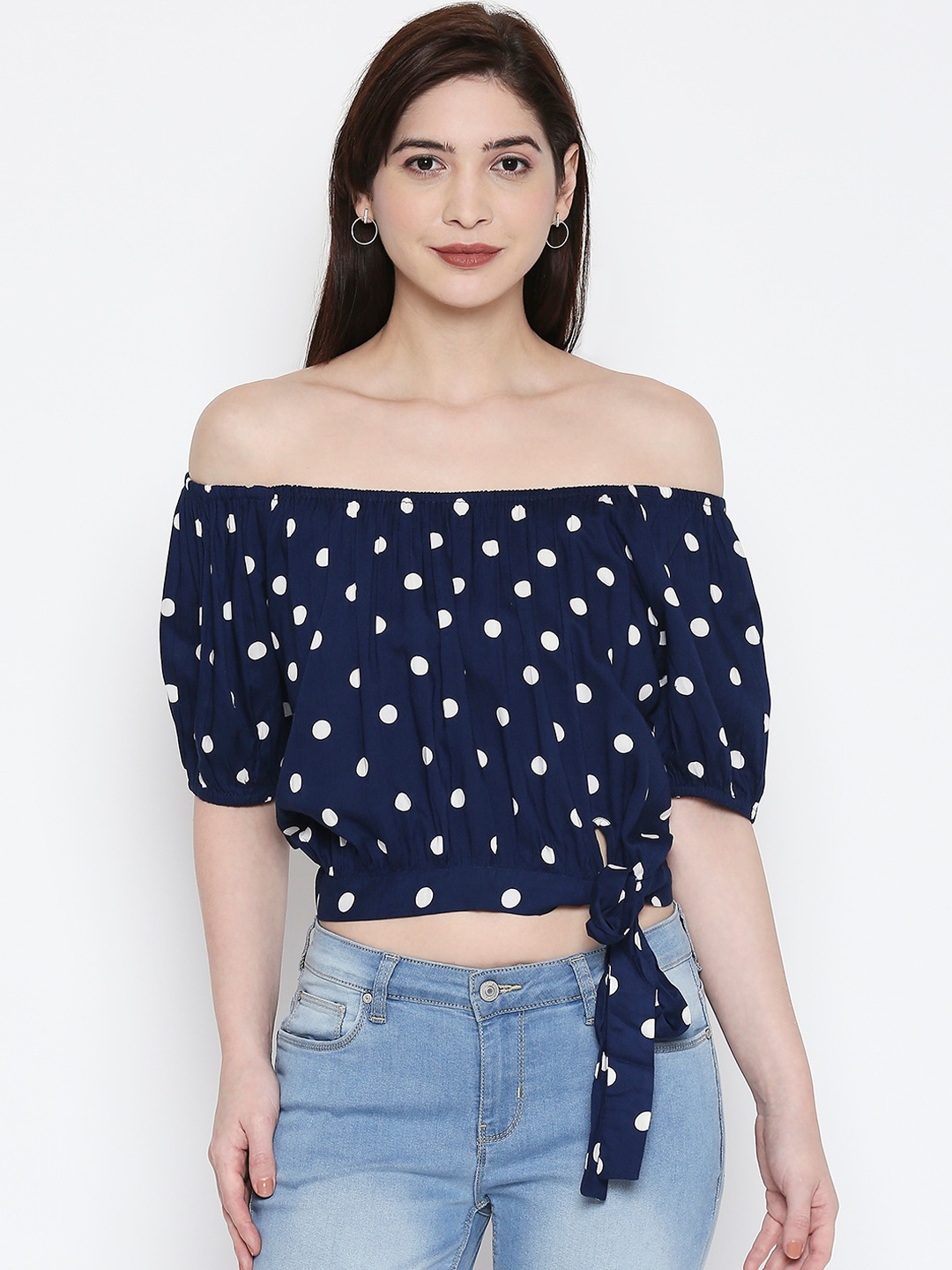 

People Women Blue Printed Bardot Pure Cotton Top