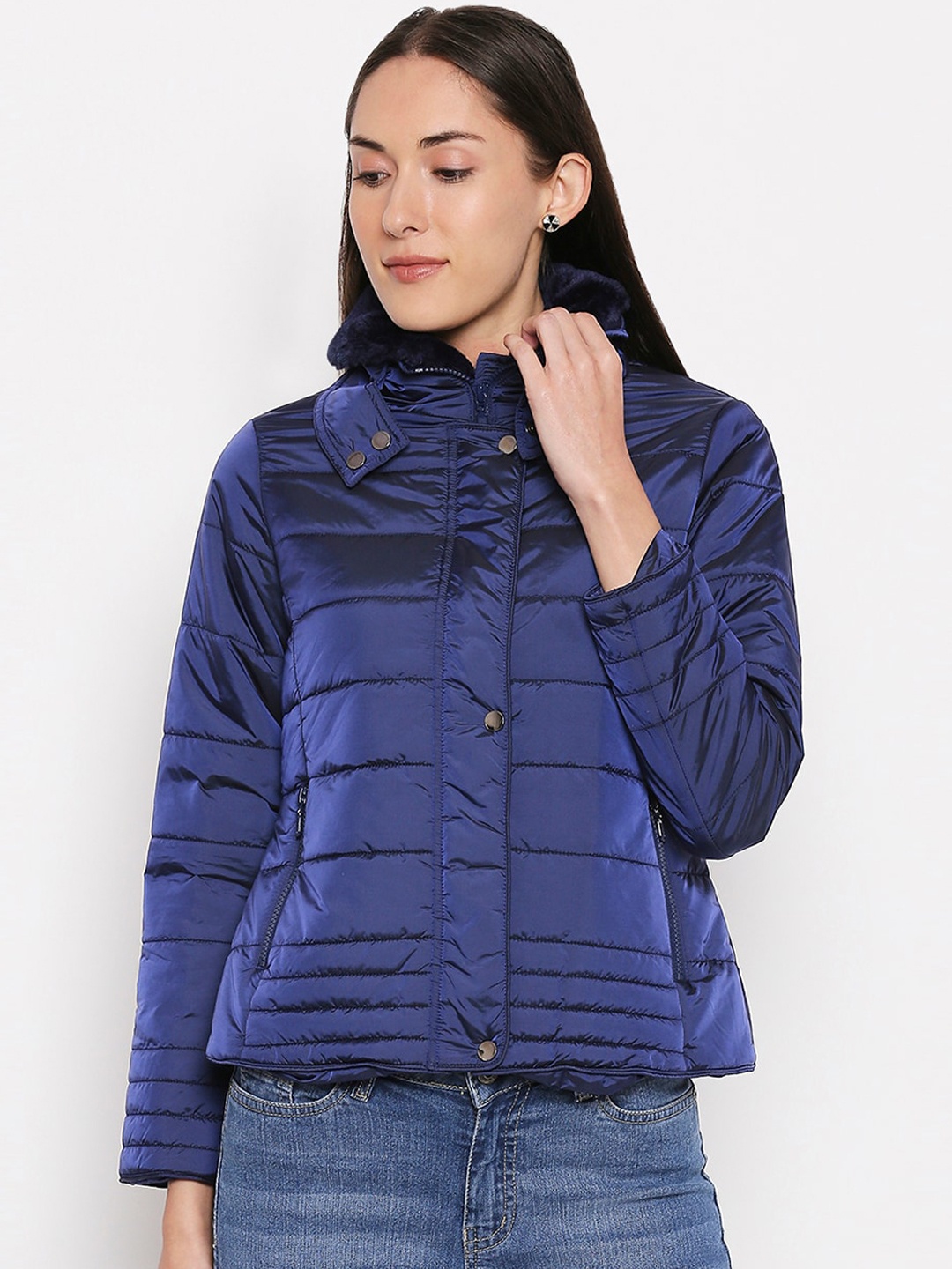 

People Women Blue Solid Padded Jacket