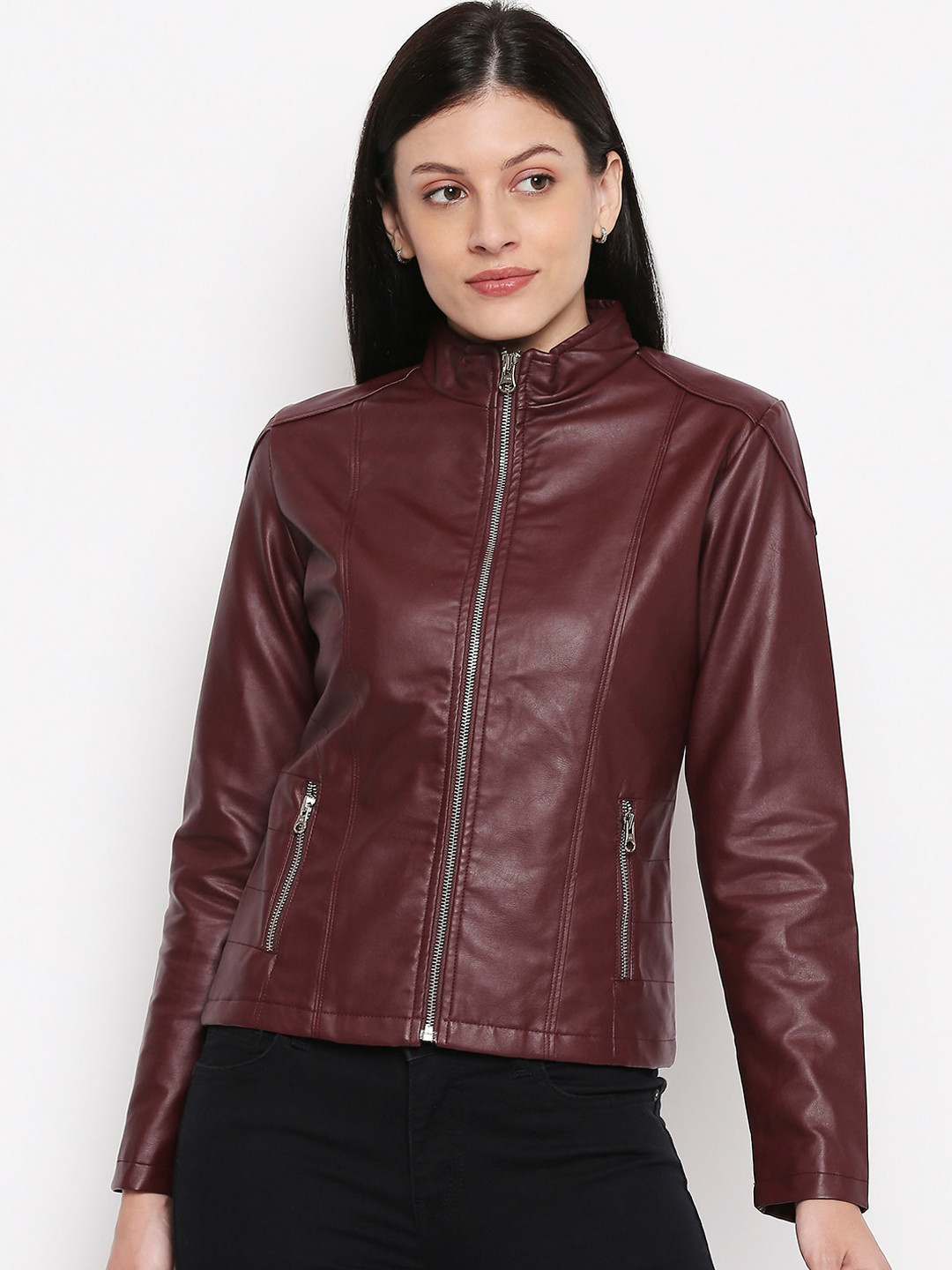

People Women Maroon Solid Biker Jacket