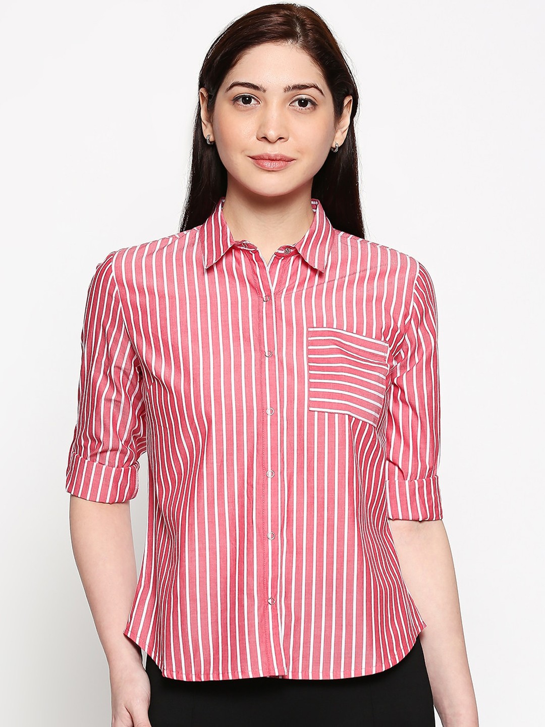 

People Women Red Regular Fit Striped Casual Shirt