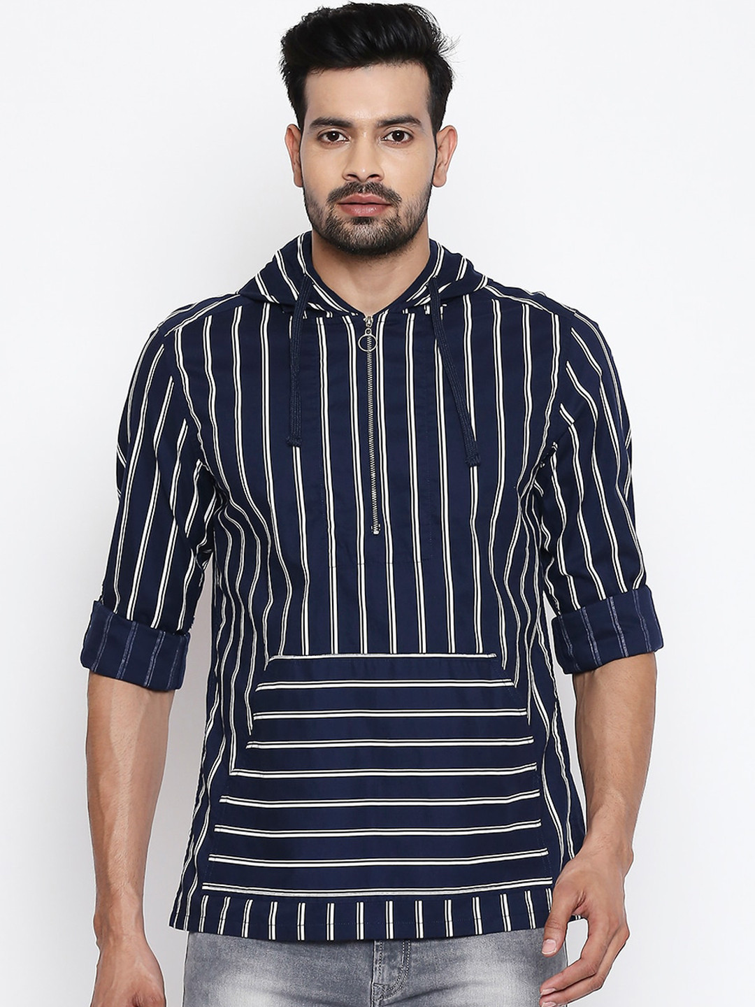 

Urban Ranger by pantaloons Men Navy Blue Striped Hooded Tshirt
