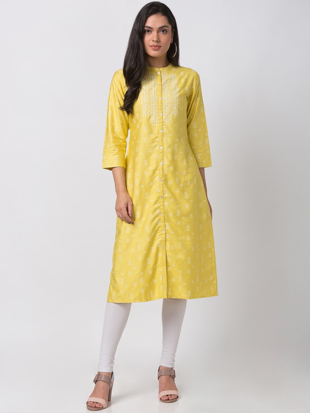

Ethnicity Women Yellow Printed A-Line Kurta