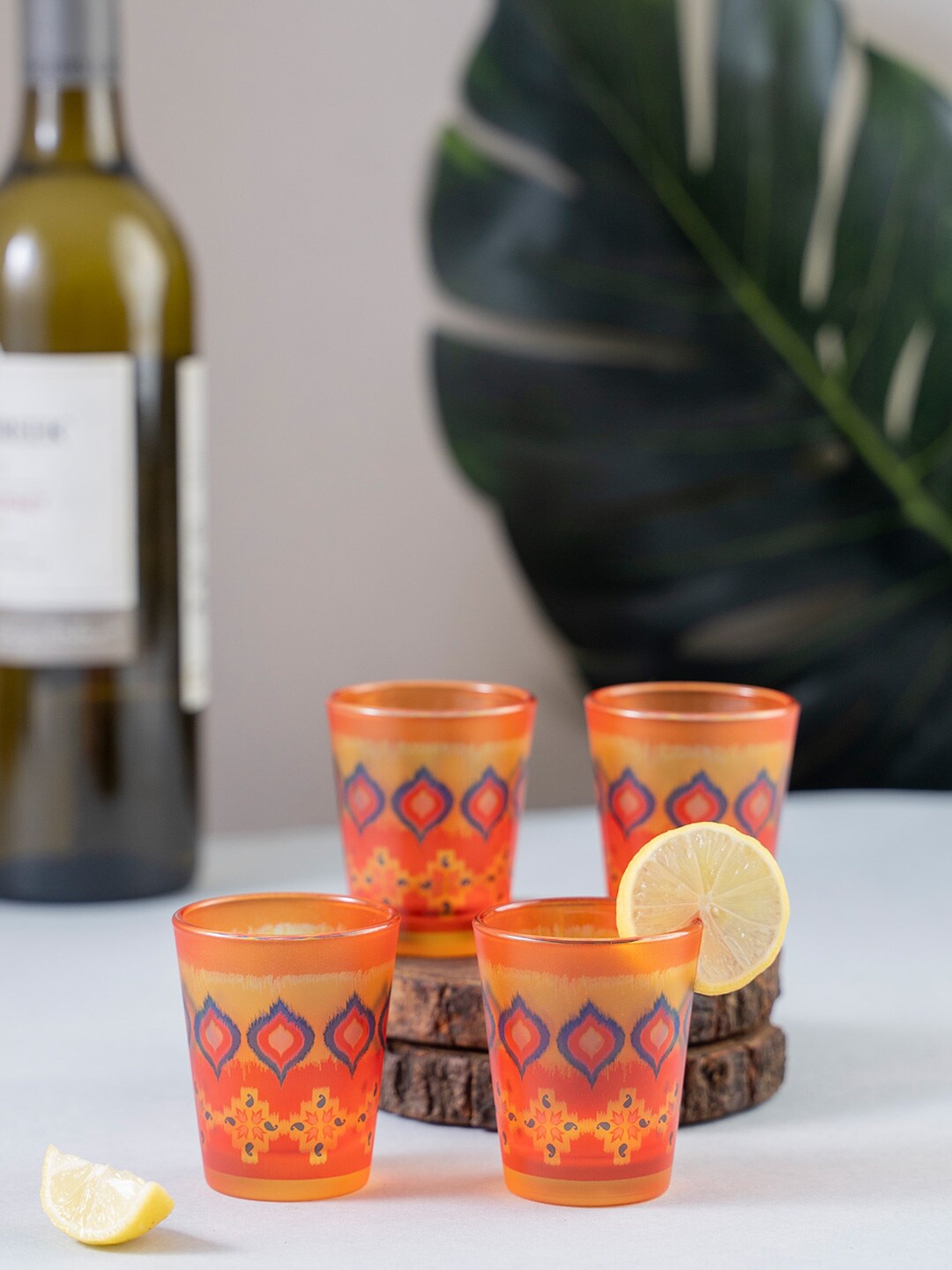 

KOLOROBIA Set Of 4 Orange & Blue Dazzling Ikat Frosted Shot Glasses