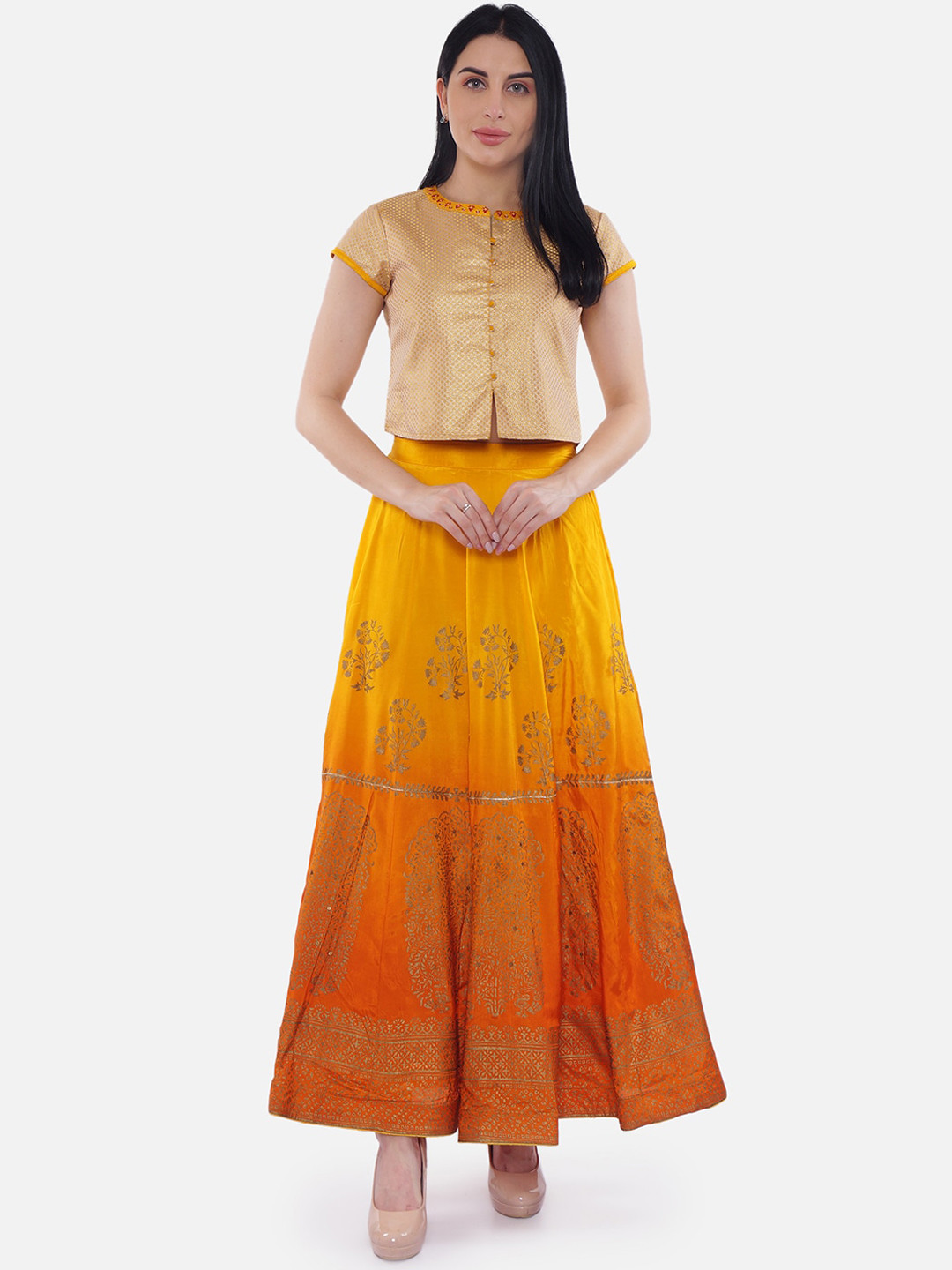 

Be Indi Women Orange & Gold-Coloured Ombre Foil Printed Lehenga Choli