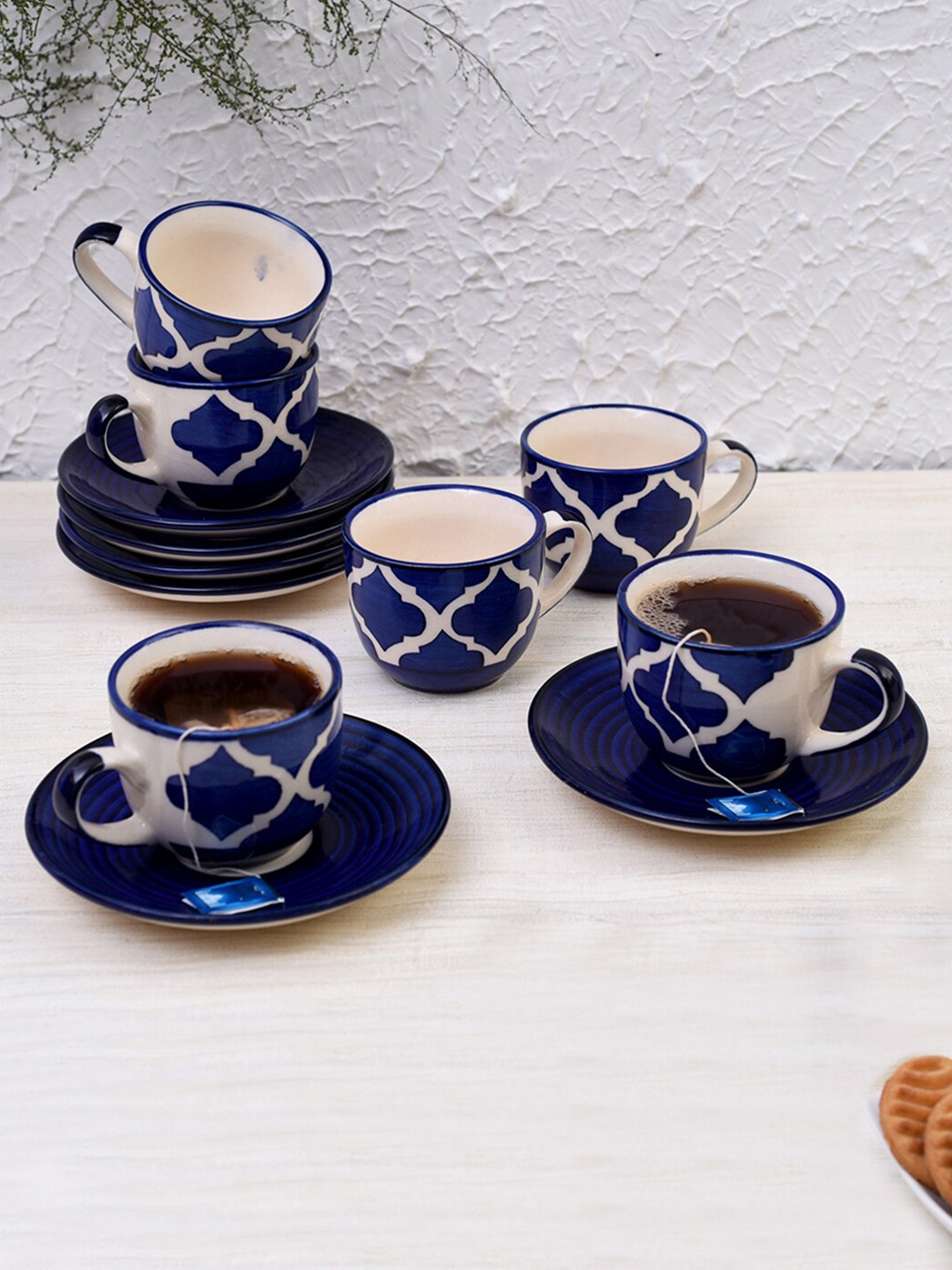 Unravel India Blue Moroccan Print 12-Pieces Ceramic Cups & Saucer Set