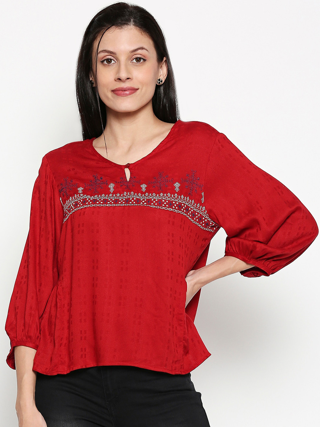 

People Women Maroon Embroidered A-Line Top