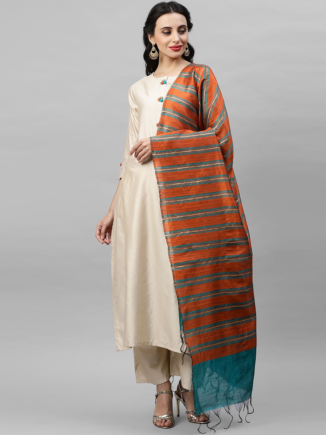 

Indo Era Women Cream-Coloured & Orange Striped Kurta with Palazzos & Dupatta