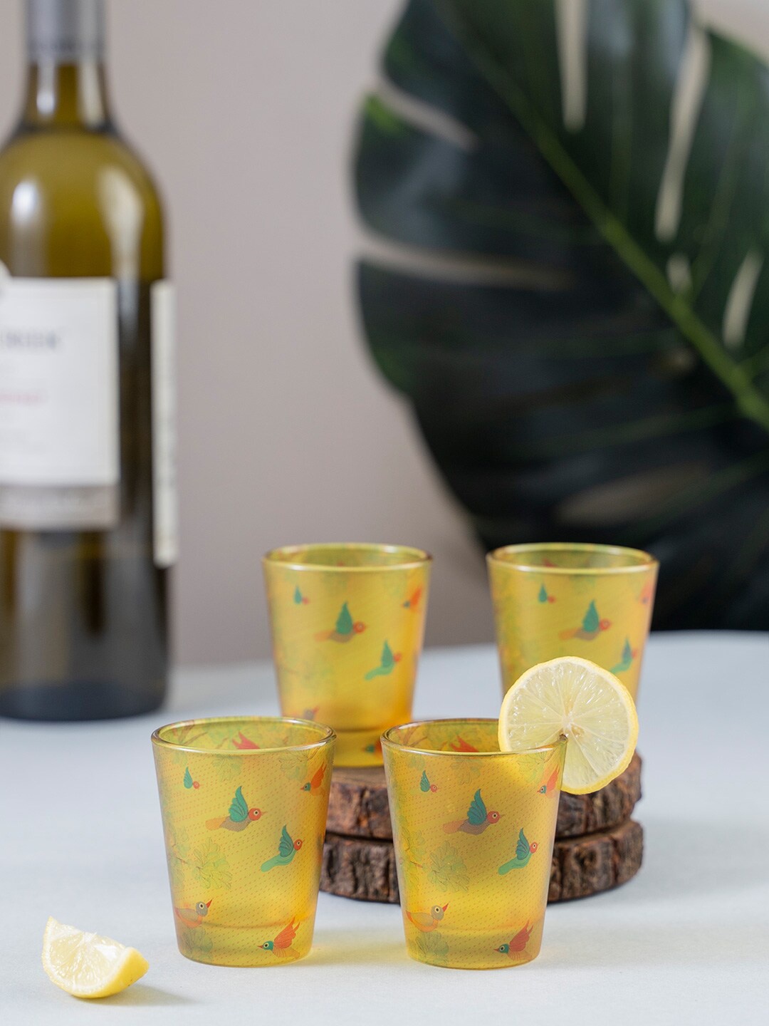 KOLOROBIA Set of 4 Yellow & Green Gond Art Shot Glasses 30 ml