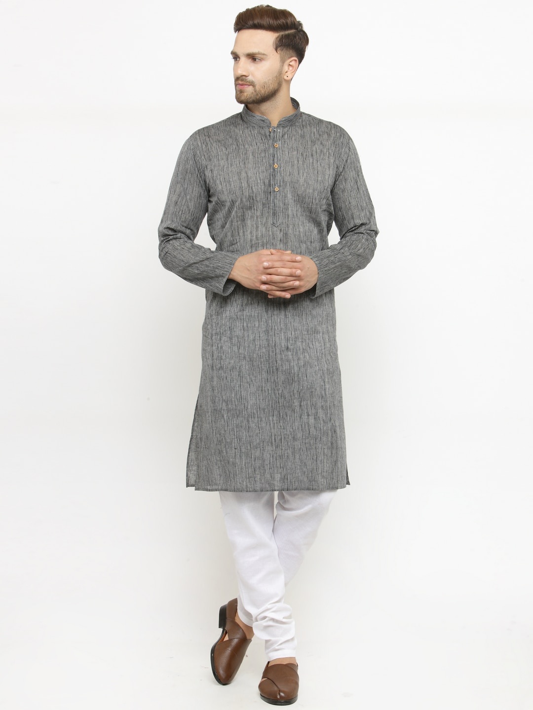 

RG DESIGNERS Men Grey & Black Self Design Handloom Kurta with Churidar