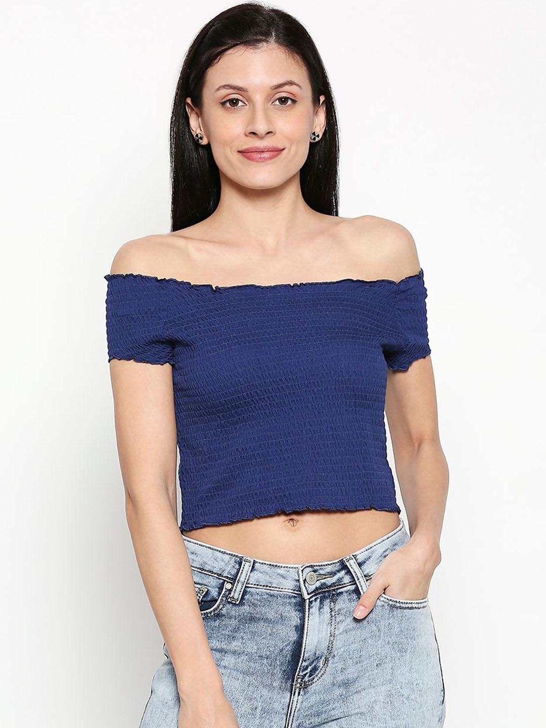 

People Women Blue Self Design Bardot Crop Pure Cotton Top