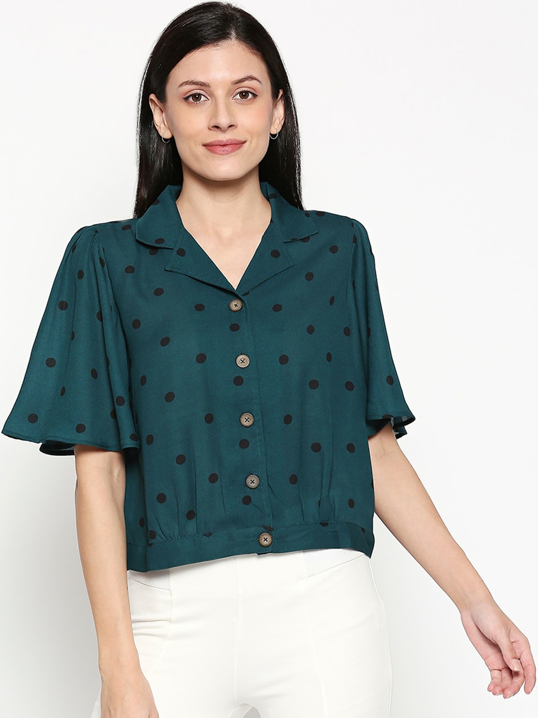 

People Women Green Printed Shirt Style Top