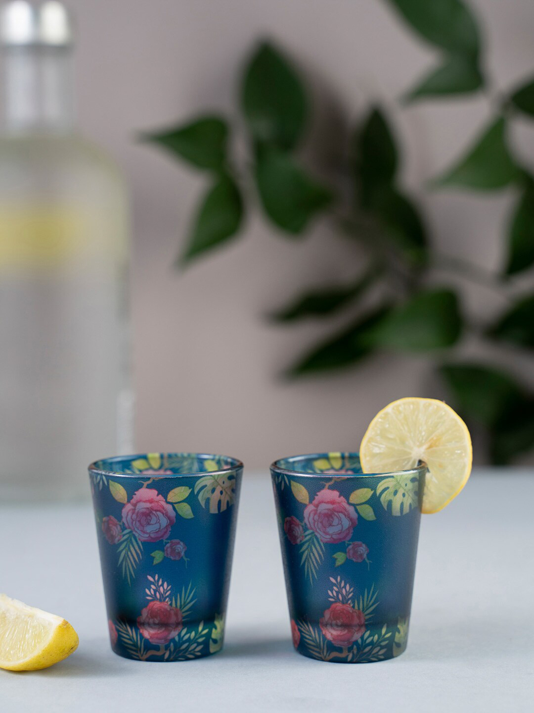 

KOLOROBIA Set Of 2 Blue & Pink Misty Morning Roses Frosted Shot Glasses