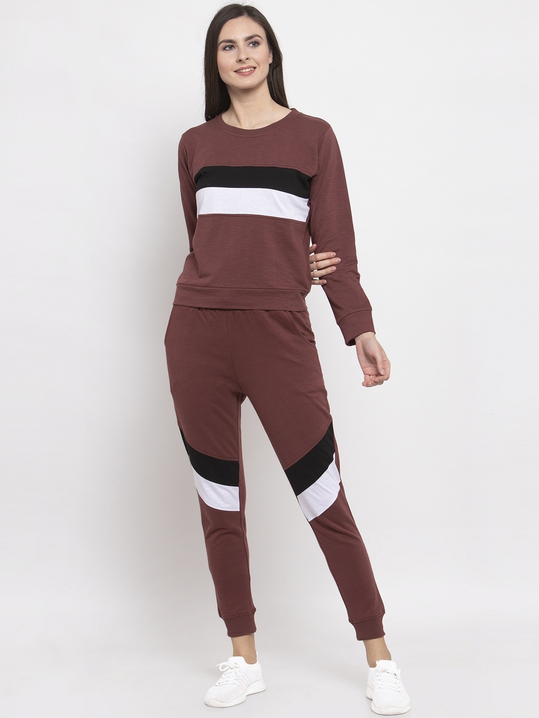 

Boston Club Women Coffee-Brown & White Solid Tracksuit