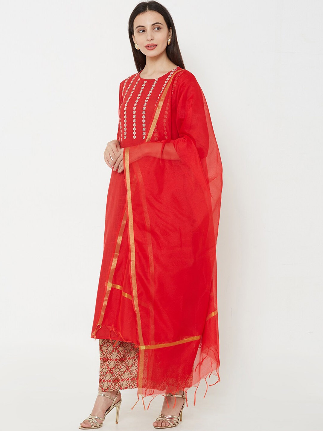 

FASHOR Women Red Embroidered Kurta with Palazzos & Dupatta