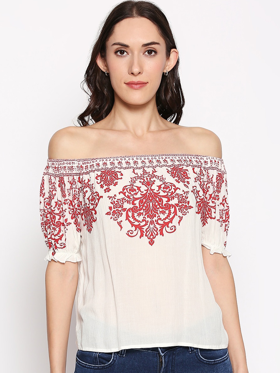 

People Women White Printed Bardot Top